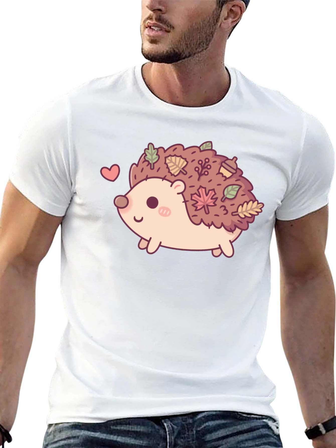 Black Cute Hedgehog Leaves Graphic Tee - Black view 13