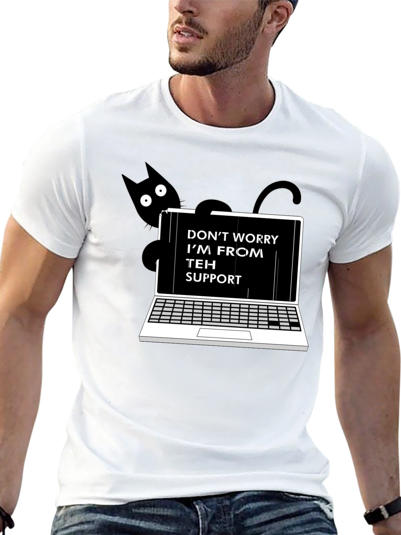 Black Funny "Teh Support" Cat Laptop Graphic Tee view 13