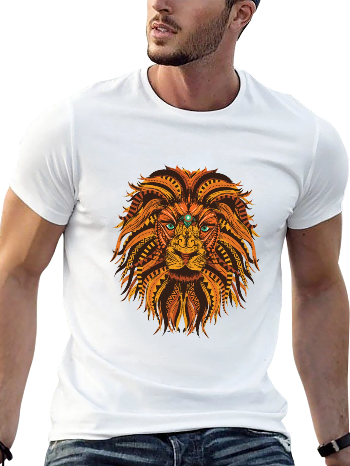 Black Tribal Lion Graphic Tee - Black Cotton T-Shirt view 13