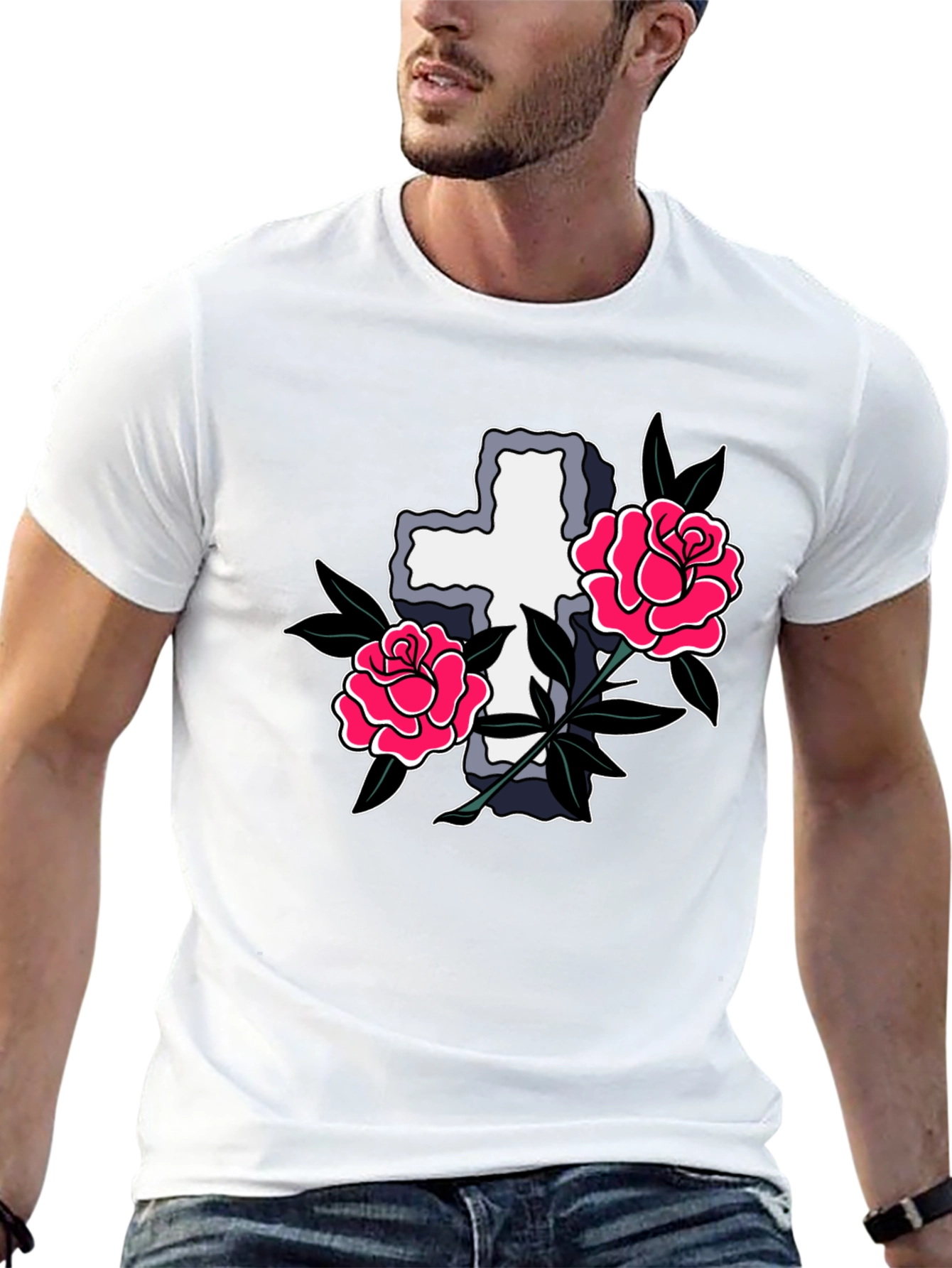 Black Cross & Roses Graphic T-Shirt - Classic Tattoo Style view 13