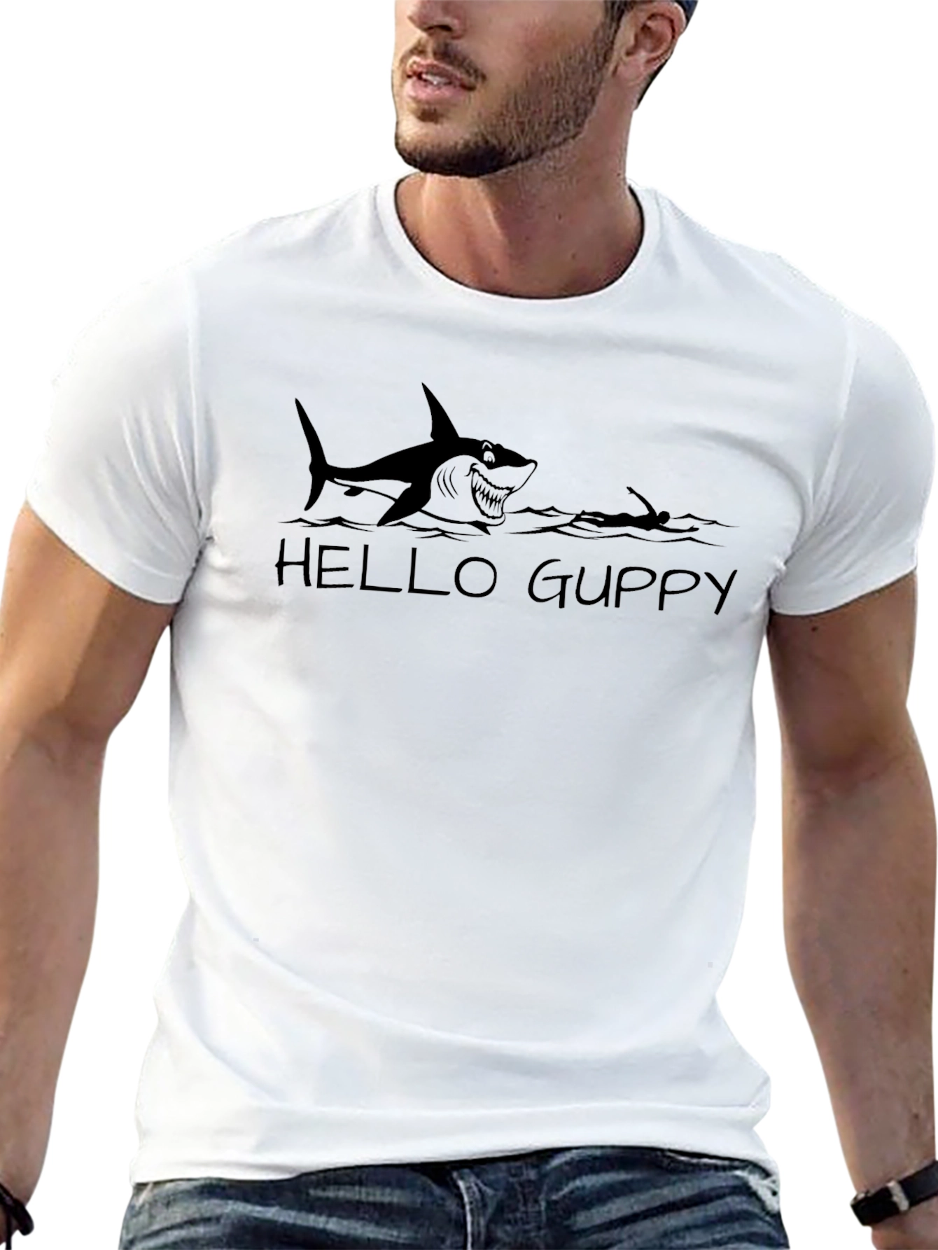 Black Hello Guppy Shark Tee - Mens Funny Ocean Graphic T-Shirt view 13