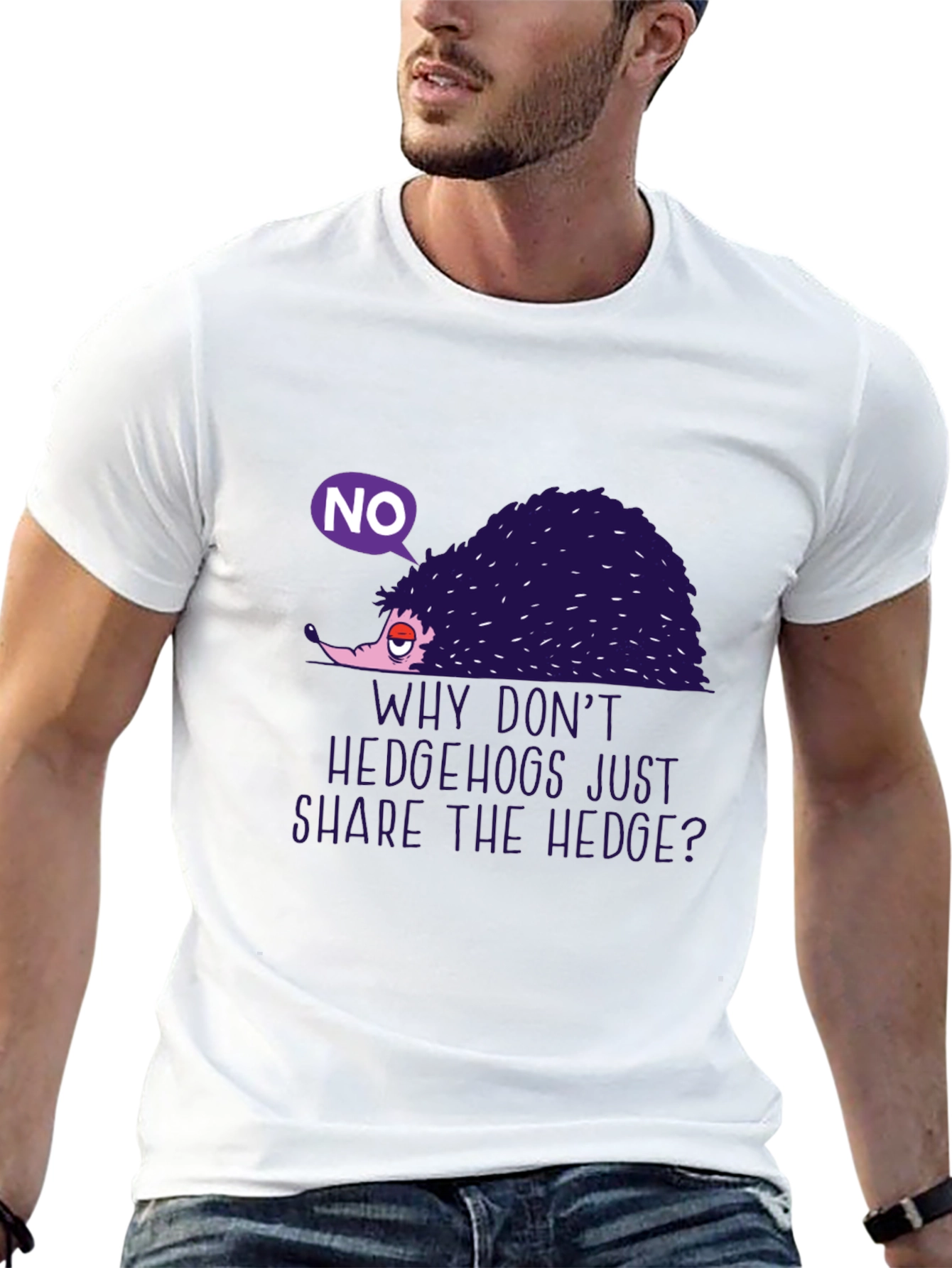 Black Humorous Hedgehog Graphic Tee - "Why Don't Hedgehogs Just Share The Hedge?" view 13