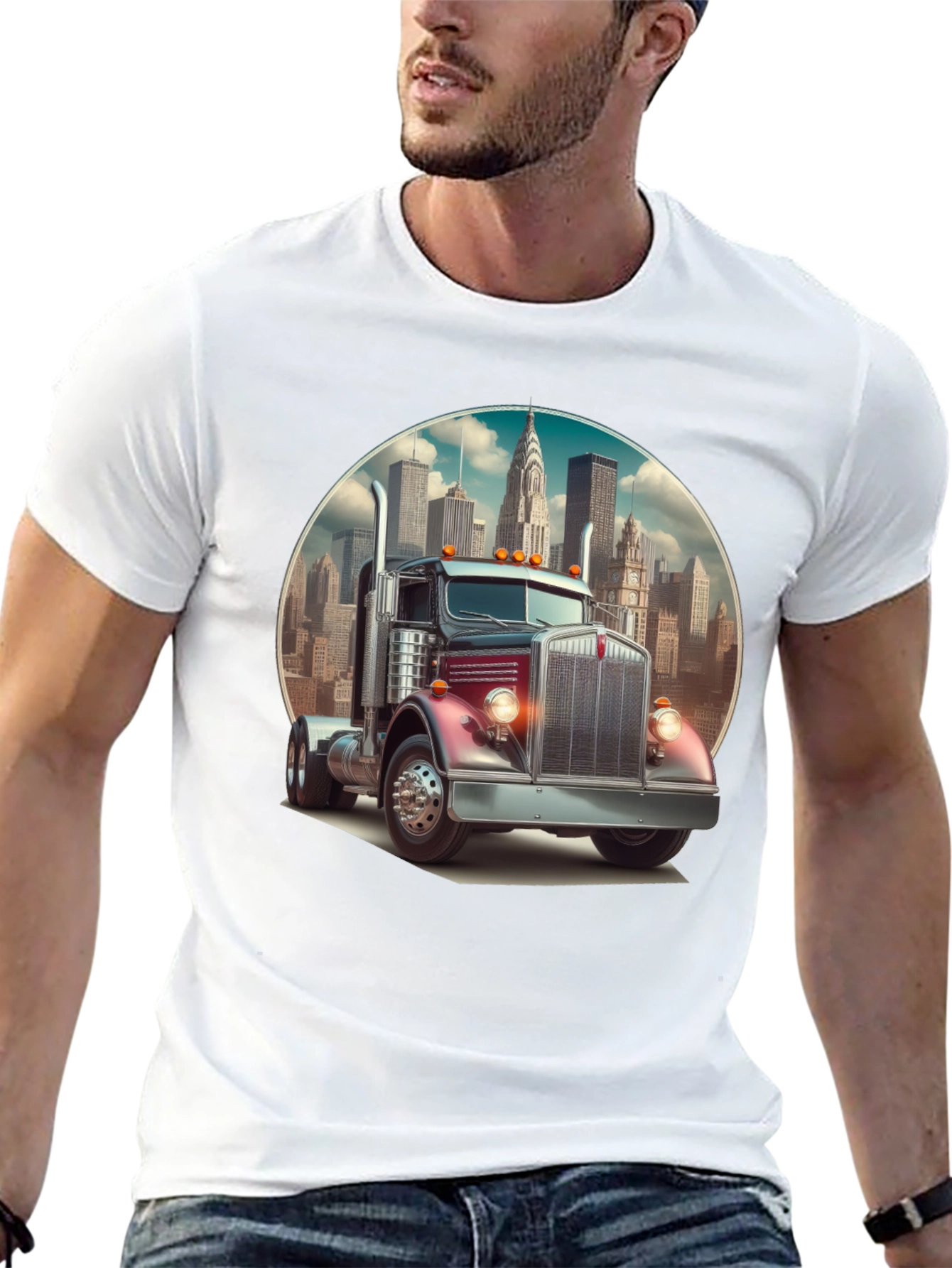 Black Trucker Tee: Vintage Big Rig & Cityscape view 13