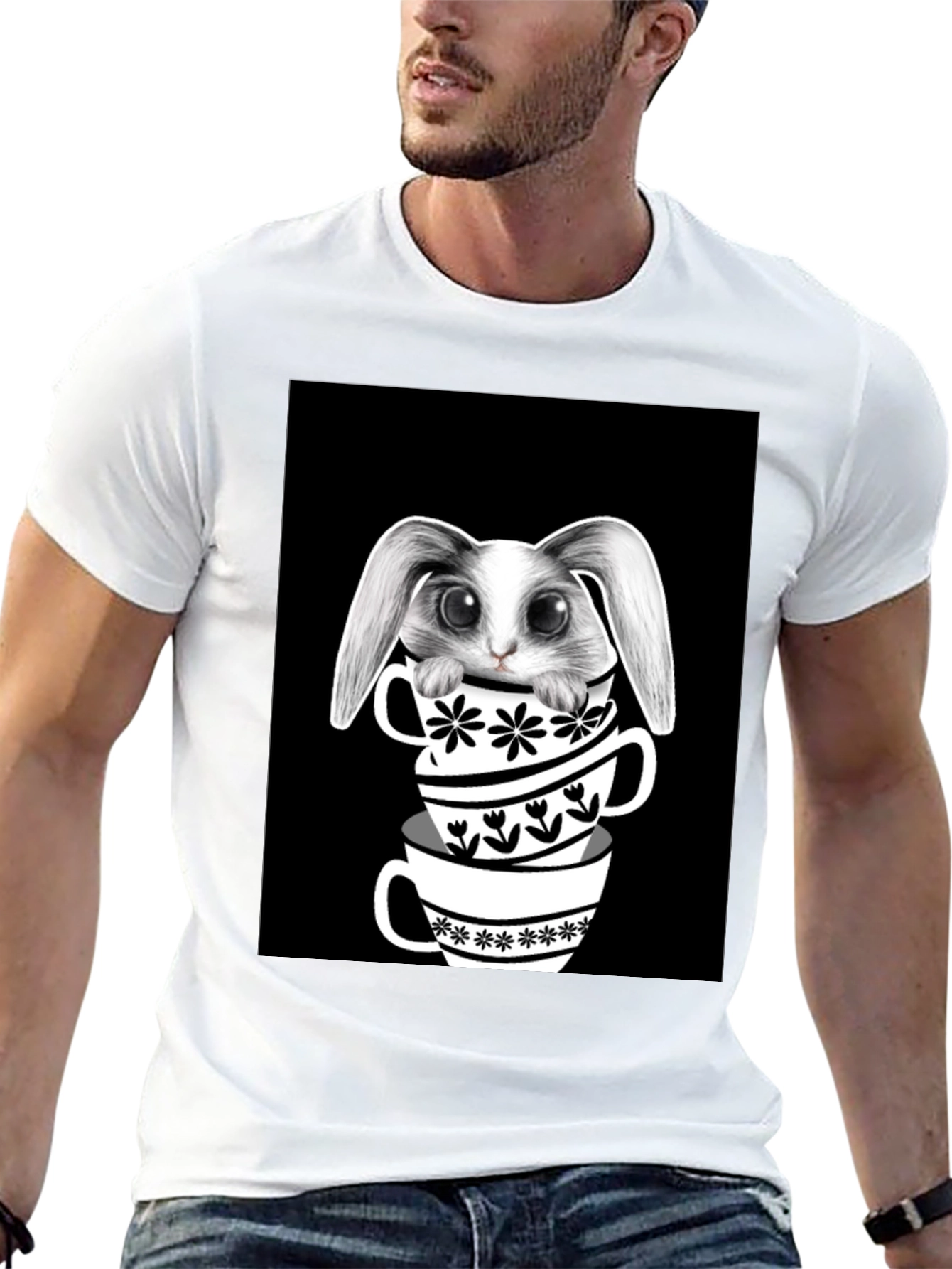 Black Rabbit in Teacups Graphic T-Shirt view 13