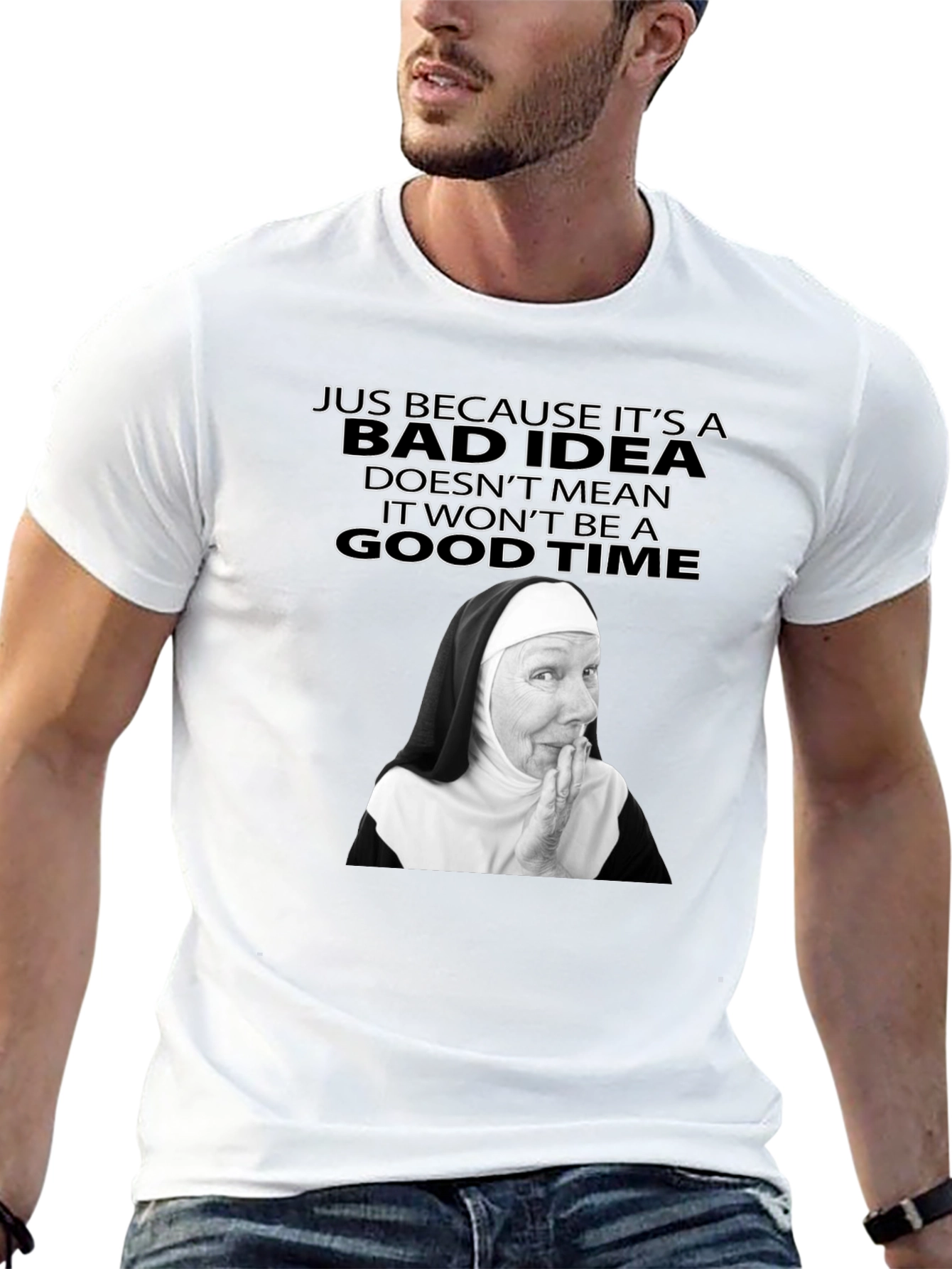 Black Funny Nun Bad Idea T-Shirt - Novelty Graphic Tee view 13