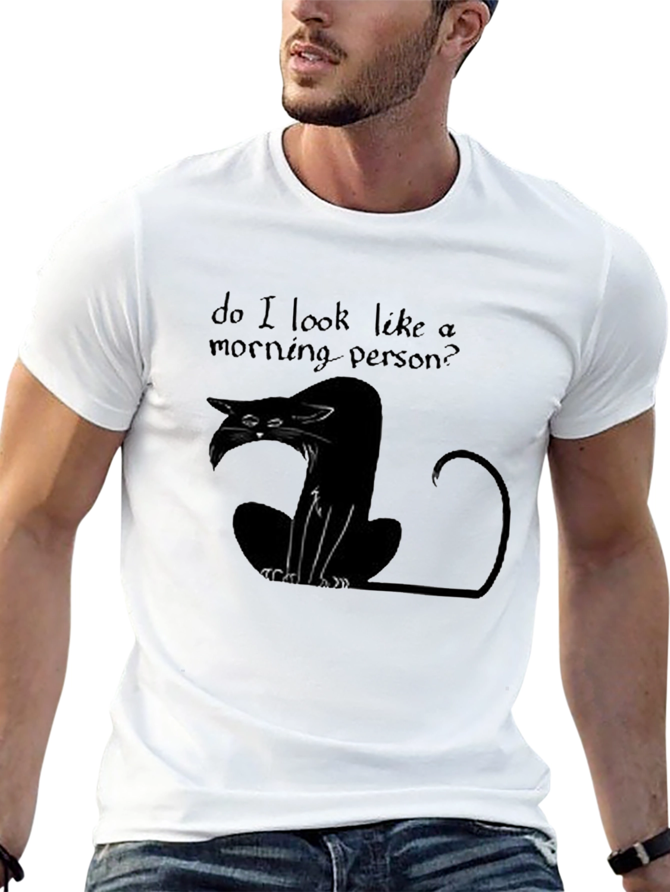 Black Black Cat "Morning Person?" Graphic T-Shirt view 13
