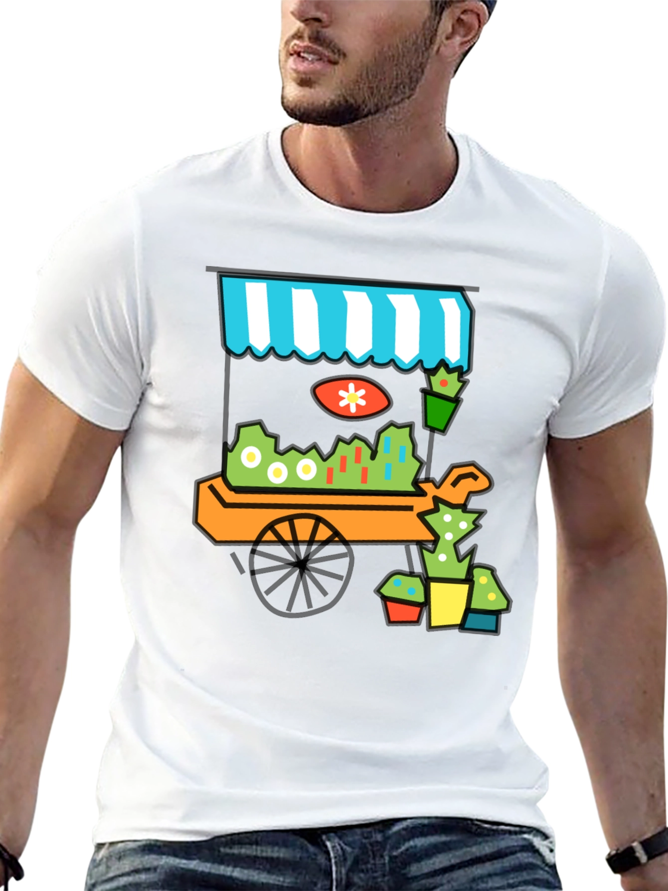 Black Whimsical Market Cart T-Shirt - Black Cotton Tee view 13