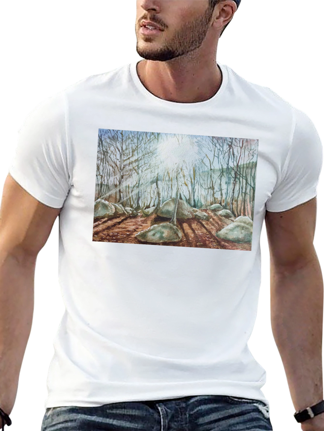 Black Watercolor Forest Print Black T-Shirt view 13