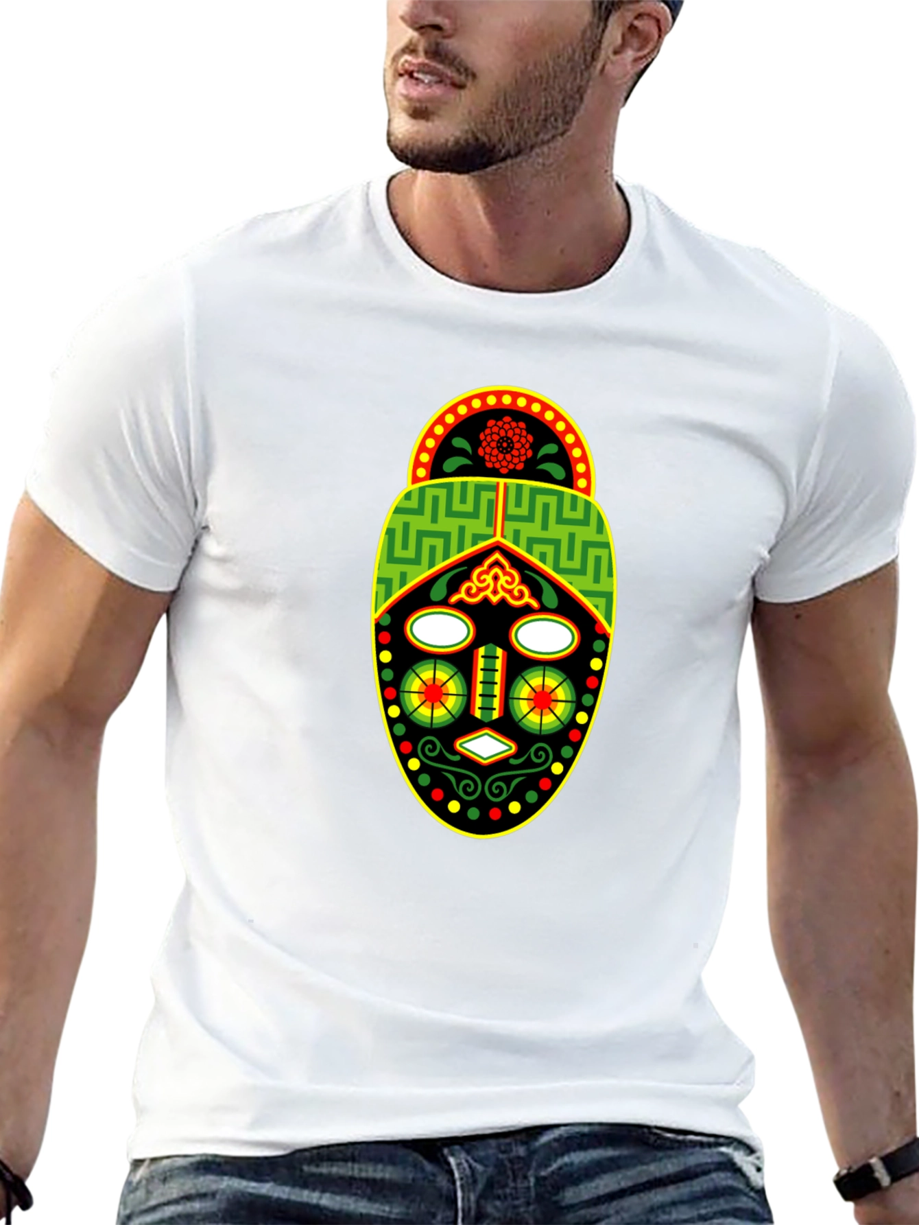 Black African Mask Graphic Tee - Black Crew Neck T-Shirt view 13