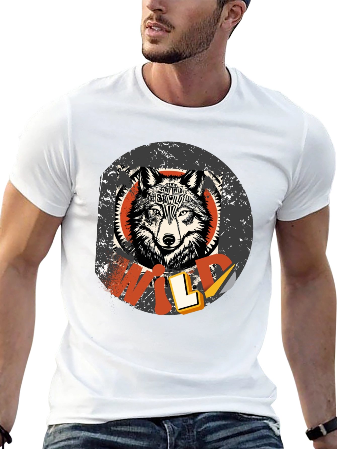 Black Stay Wild Wolf Graphic Print T-Shirt view 13