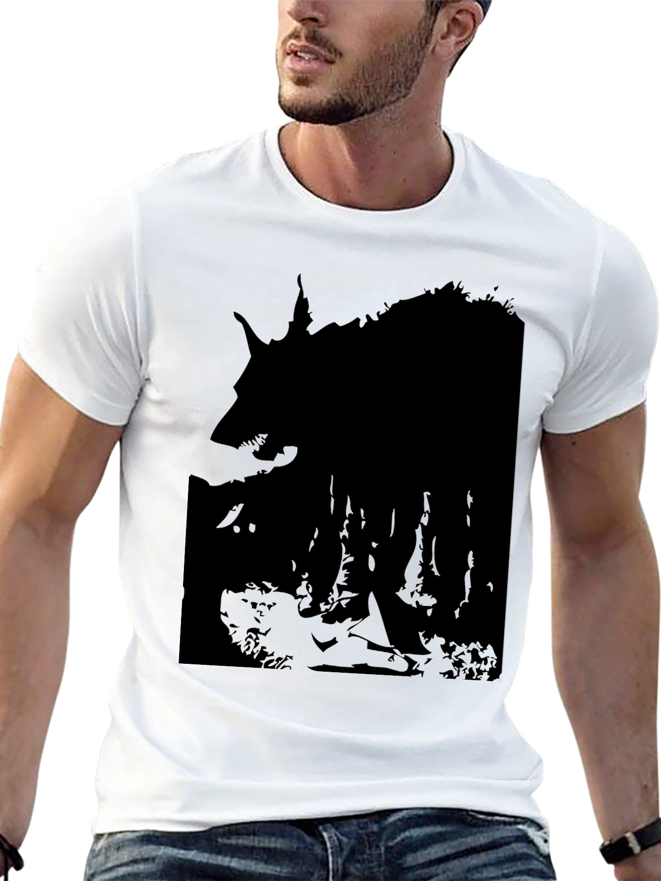 Black Men's Black Wolf Silhouette Graphic T-Shirt view 13