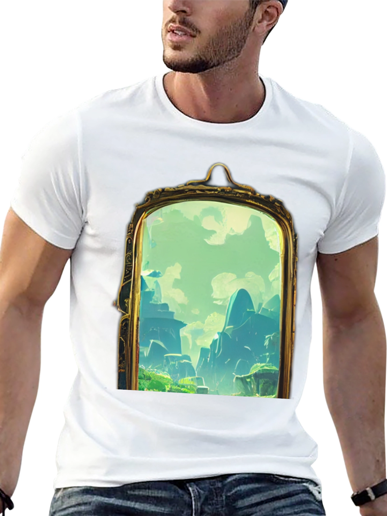 Black Black T-Shirt with Framed Landscape Design view 13