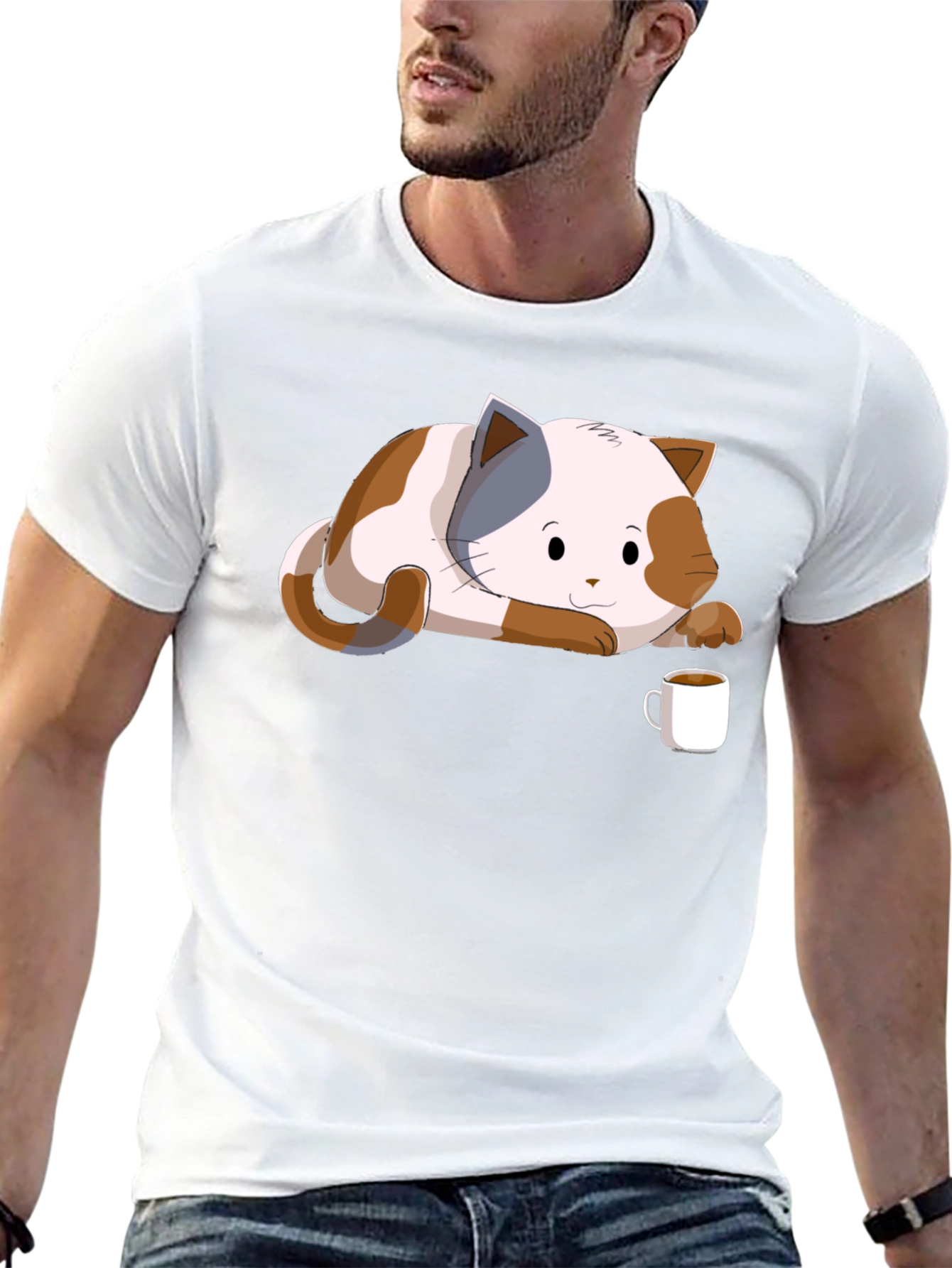 Black Cute Cat & Coffee Black T-Shirt view 13