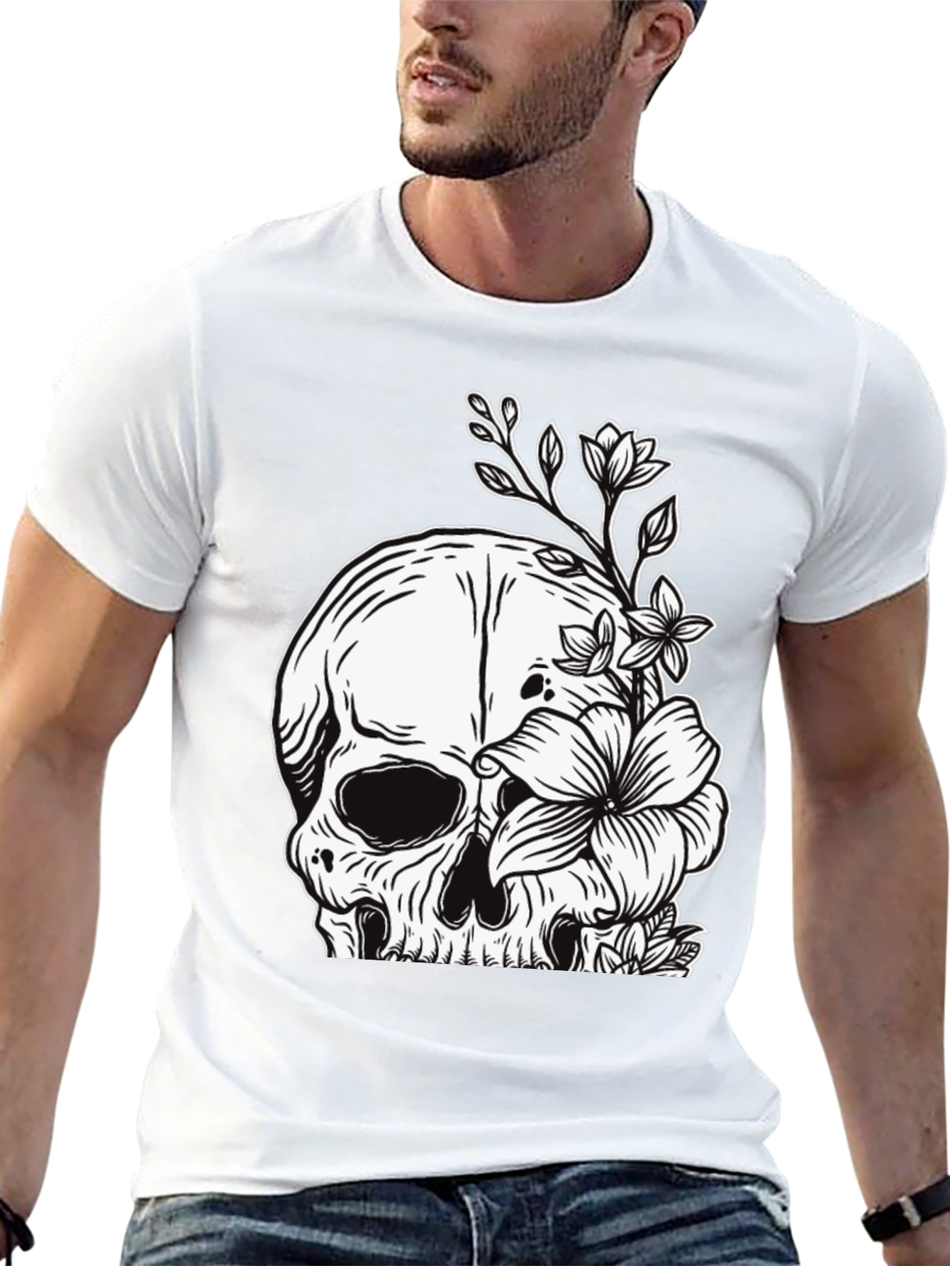 Black Skull and Flowers Graphic Black T-Shirt view 13