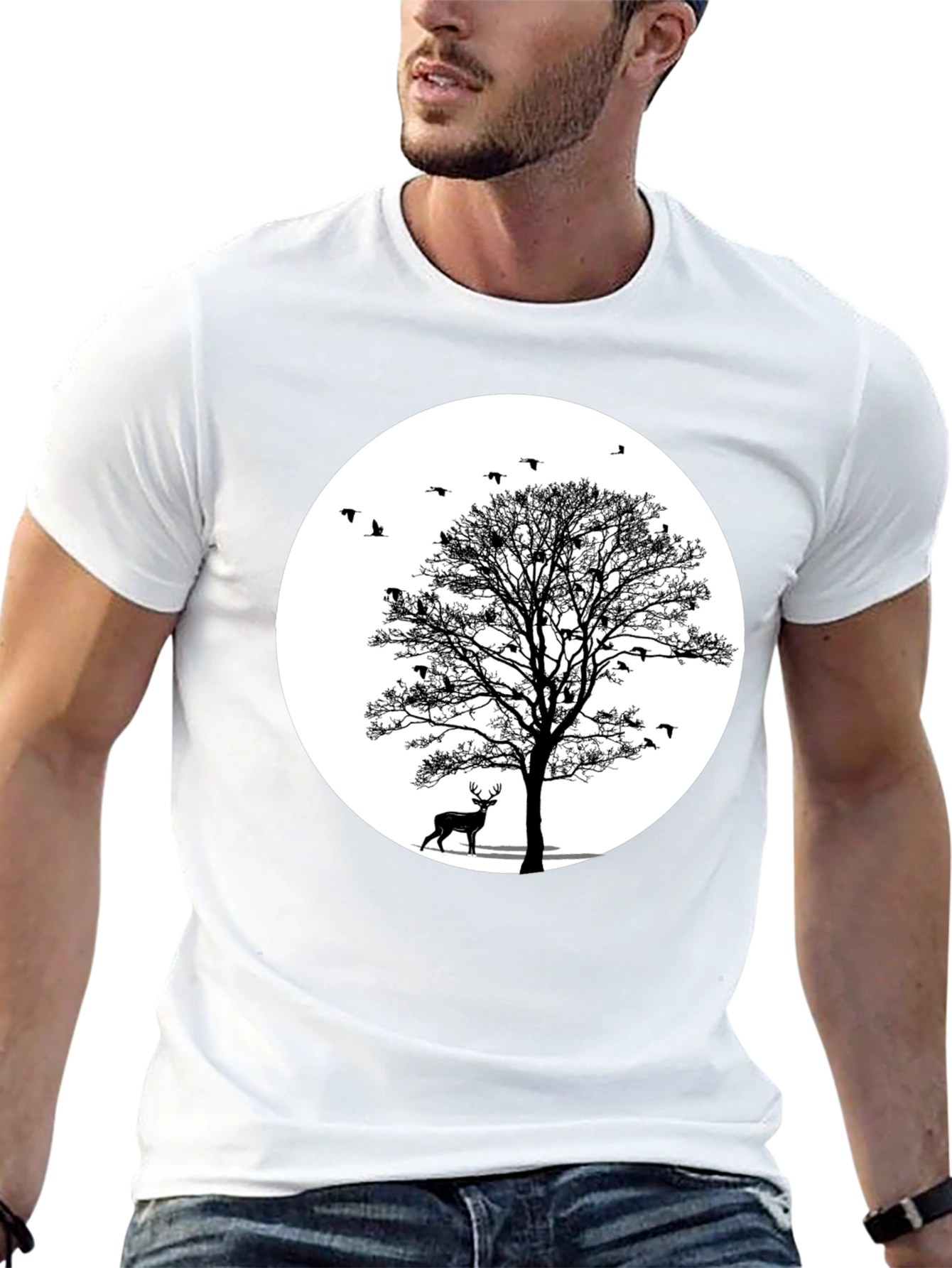 Black Nature Scene Graphic Tee - Deer and Birds view 13