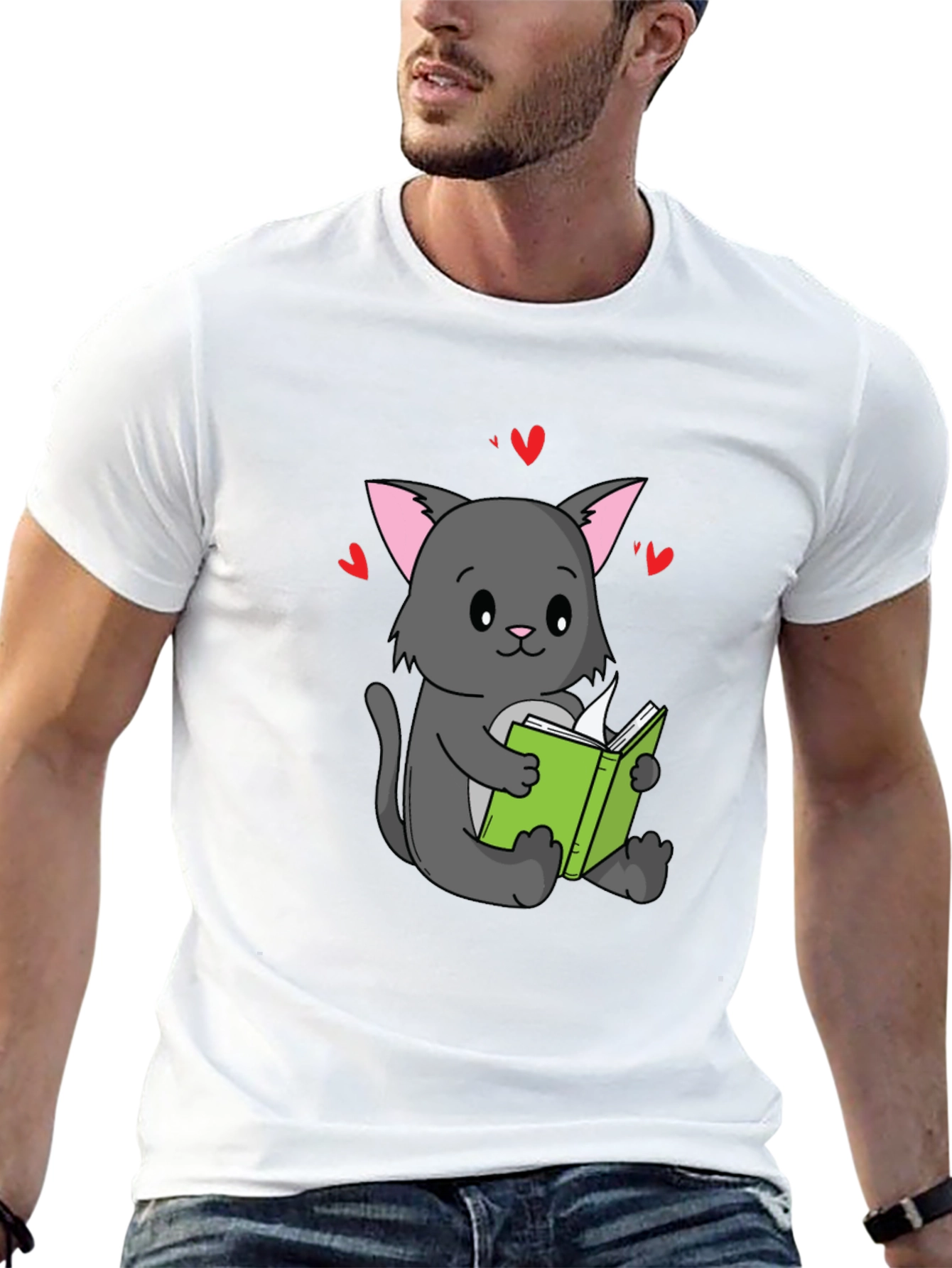 Black Cute Cat Reading Book T-Shirt - Unisex view 13