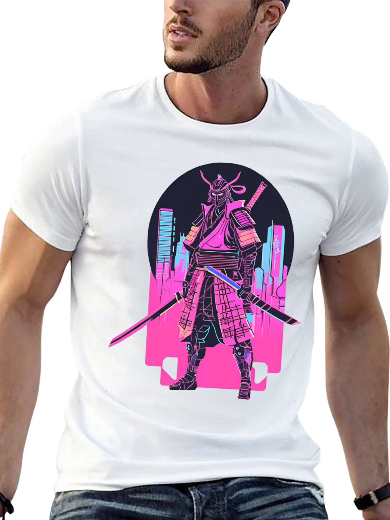 Black Cyberpunk Samurai T-Shirt - Neon City Warrior view 13
