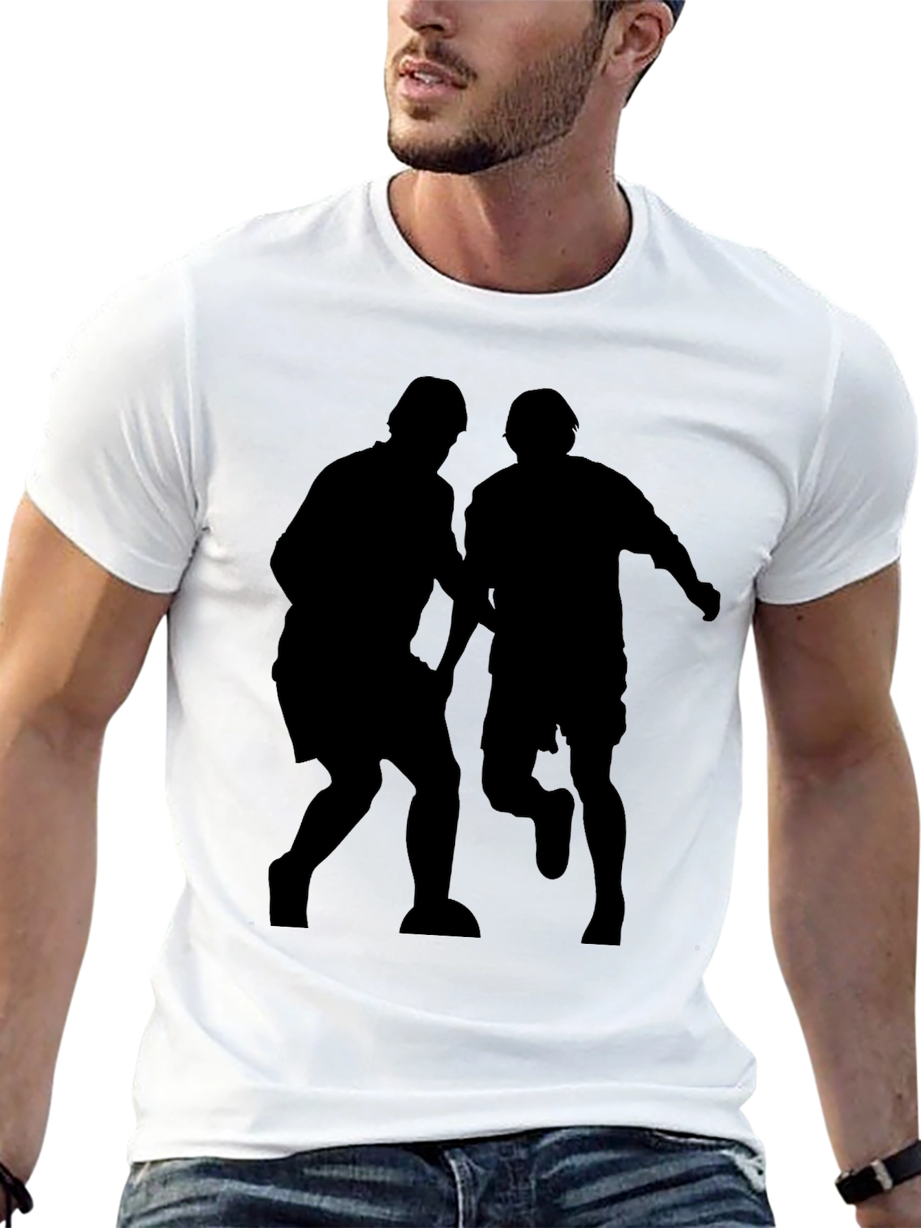 Men's Black Graphic Tee - Soccer Players Silhouette - 13