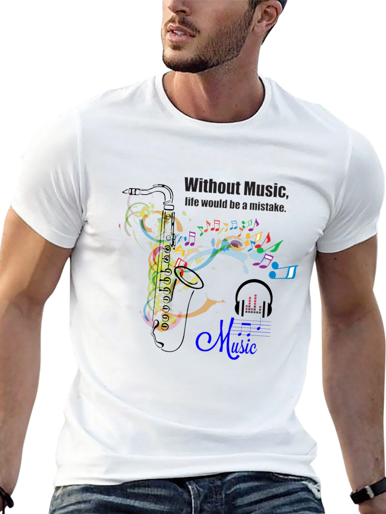 Black Music Lover's Tee: Saxophone & Notes Graphic Black T-Shirt view 13