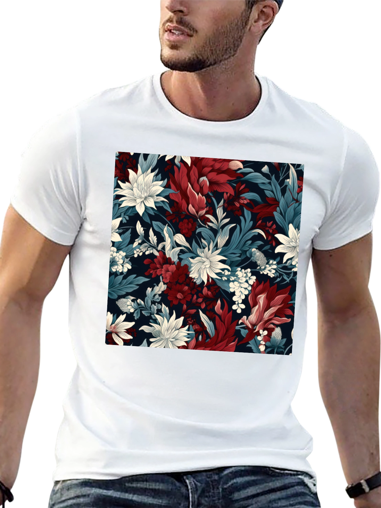 Black Floral Pattern Black T-Shirt - Modern Style view 13