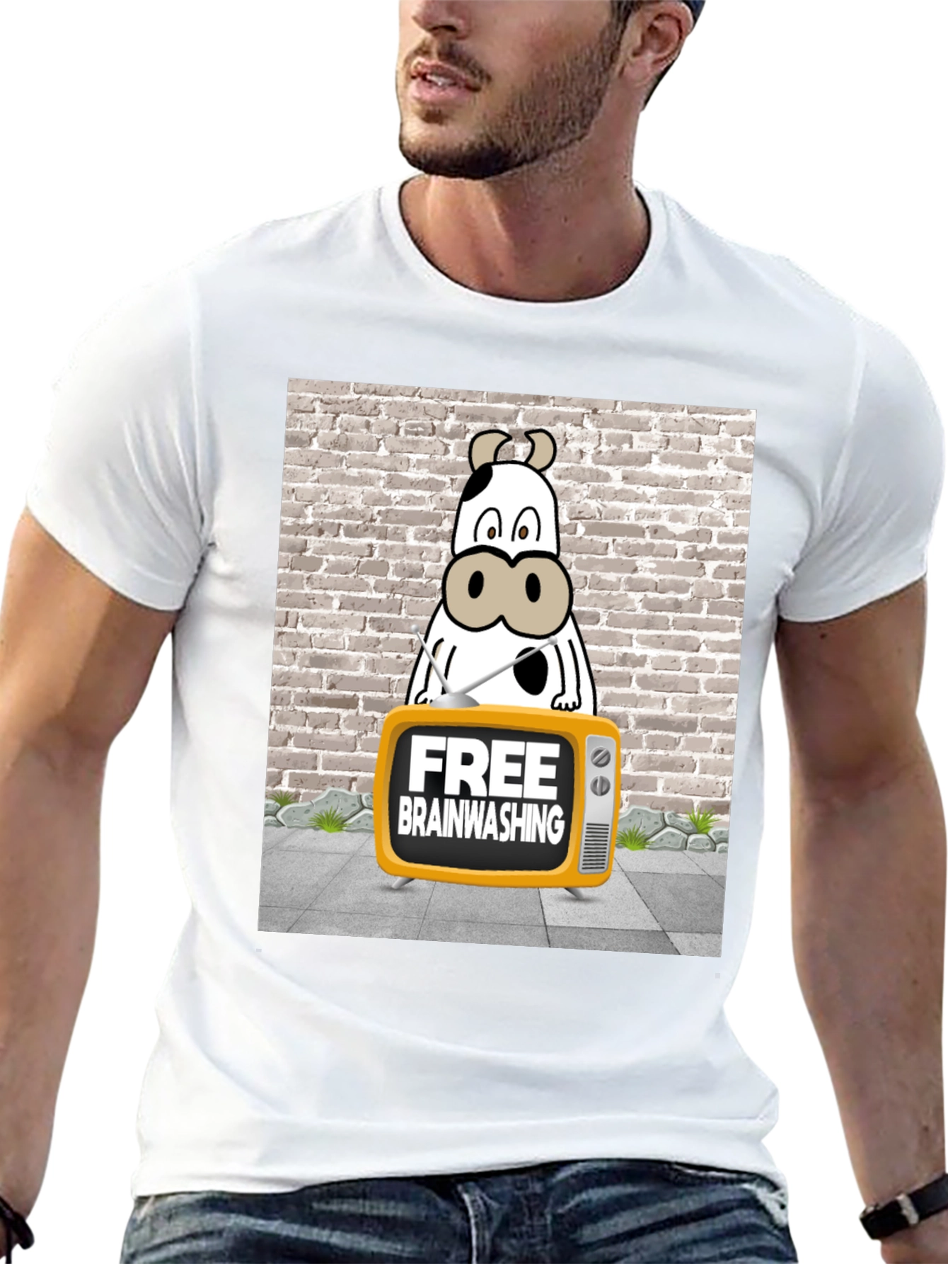 Black Brainwashing Cow T-Shirt: Funny Graphic Tee for Men view 13