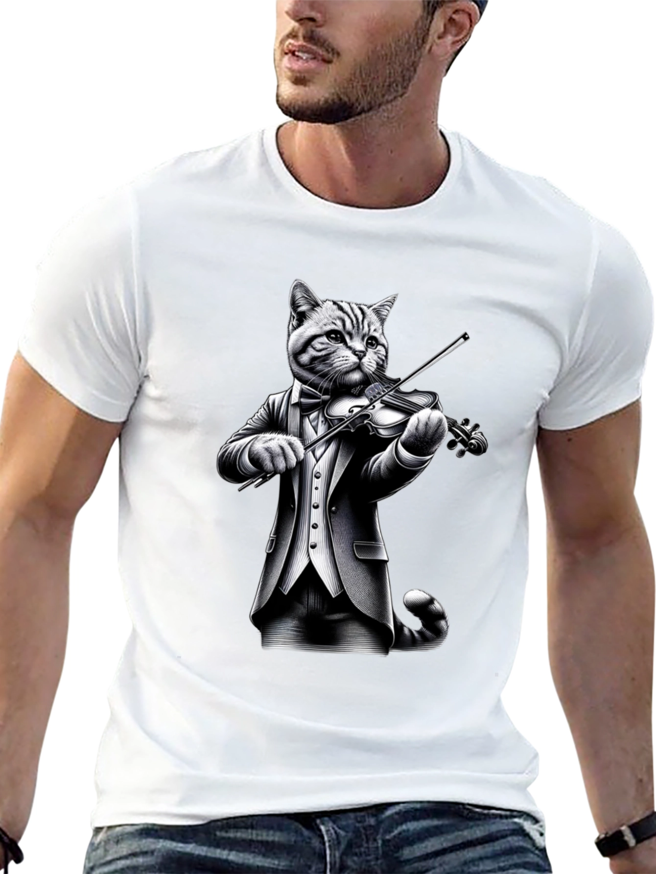 Black Cat Violinist T-Shirt - Unique Animal Graphic Tee view 13
