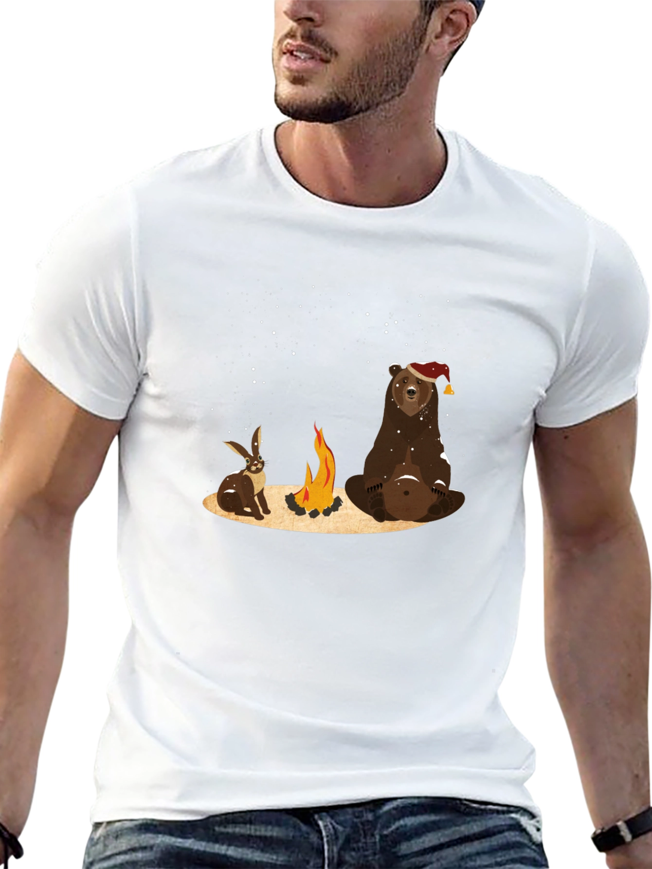 Black Bear and Bunny Campfire T-Shirt - Cozy and Cute view 13