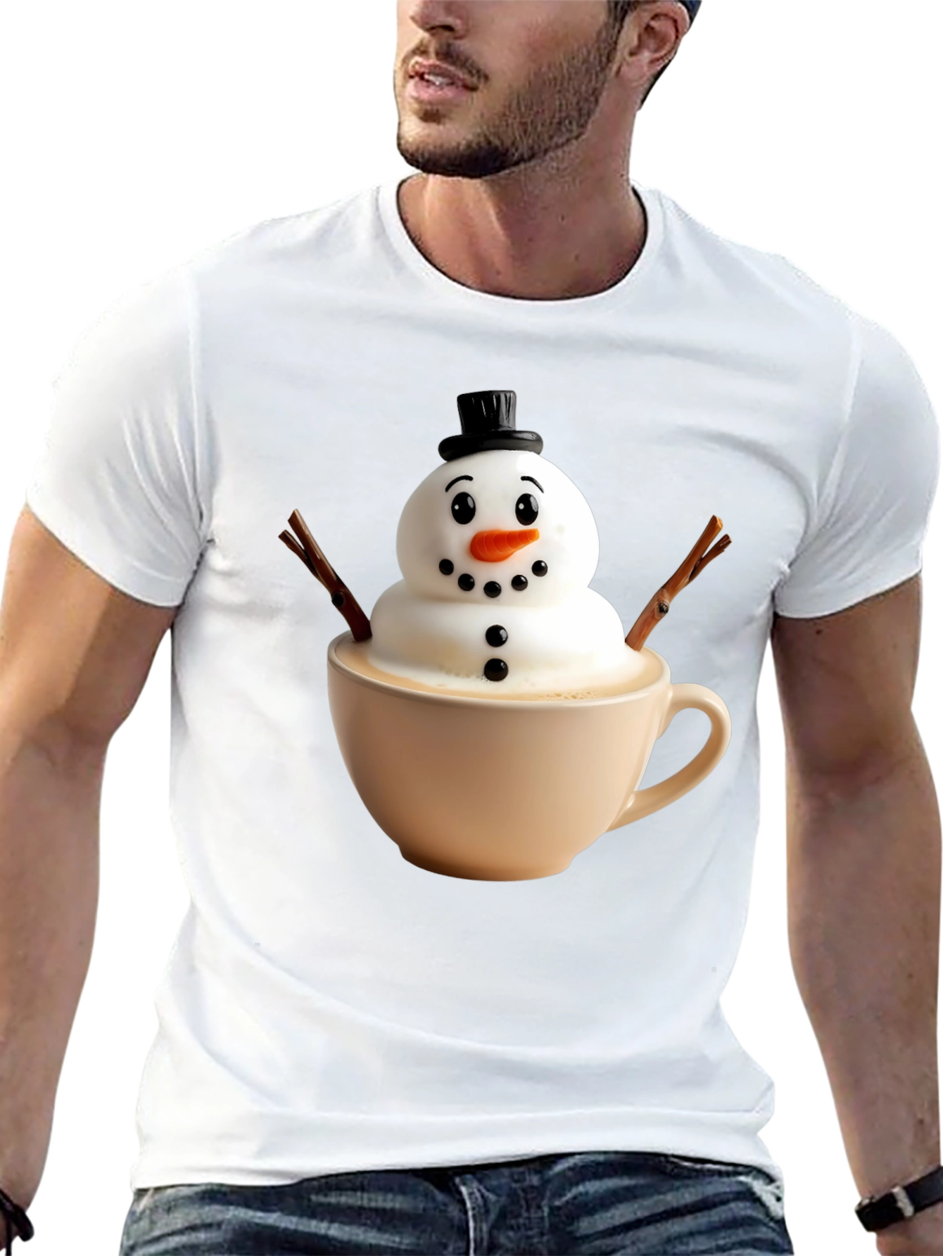 Black Whimsical Snowman Latte Art T-Shirt view 13