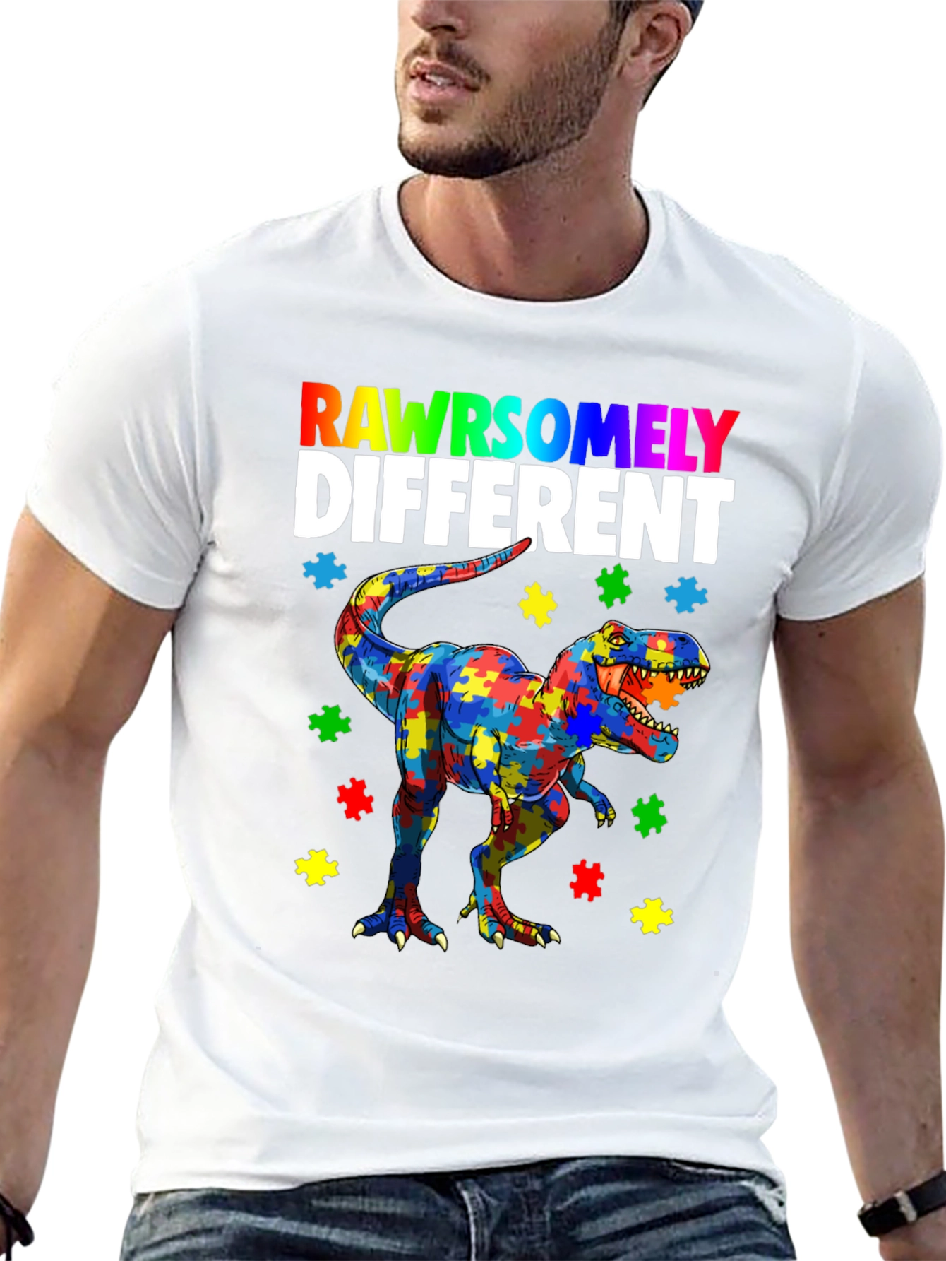 Black RAWRSOMELY DIFFERENT Autism Dinosaur T-Shirt view 13