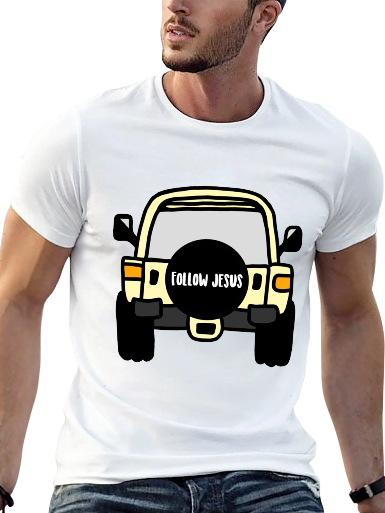 Black Follow Jesus Jeep T-Shirt - Black Cotton Tee view 13