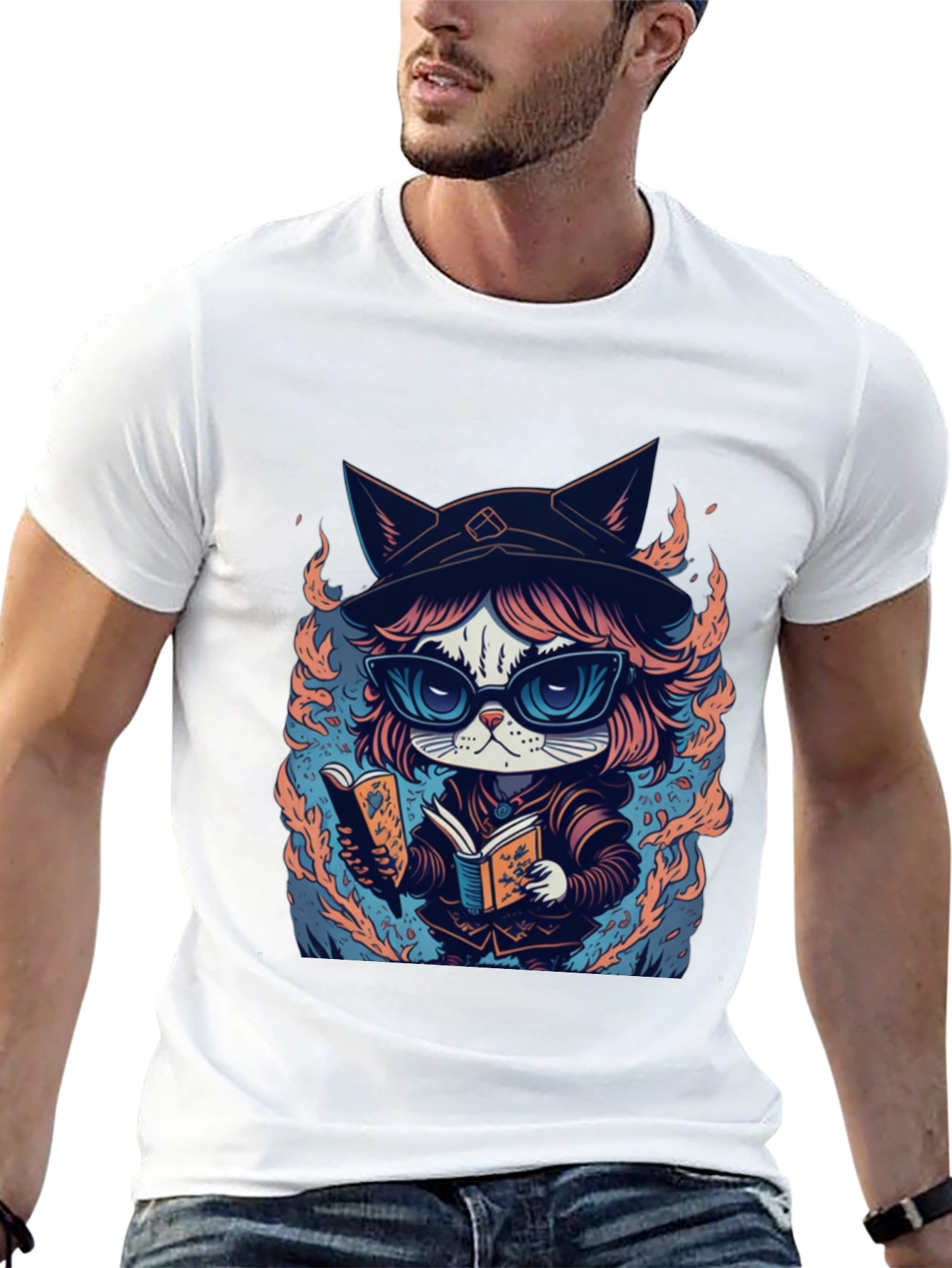 Black Wizard Cat T-Shirt - Bookish Feline Design view 13