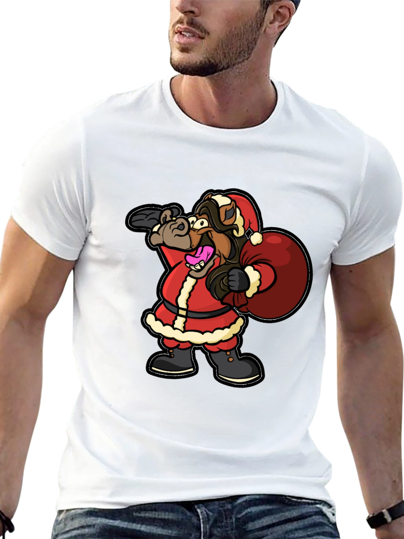 Black Funny Horse Santa Christmas Black T-Shirt view 13