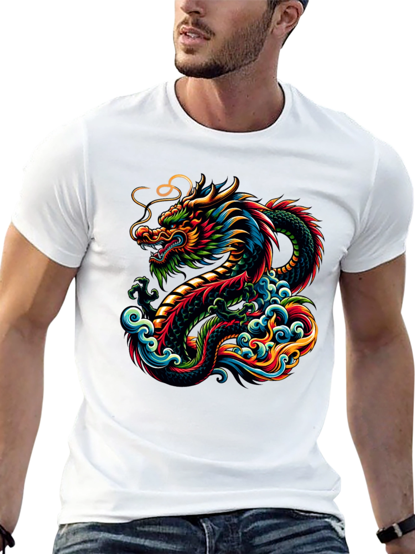 Black Vibrant Dragon Graphic Tee - Black Cotton T-Shirt view 13