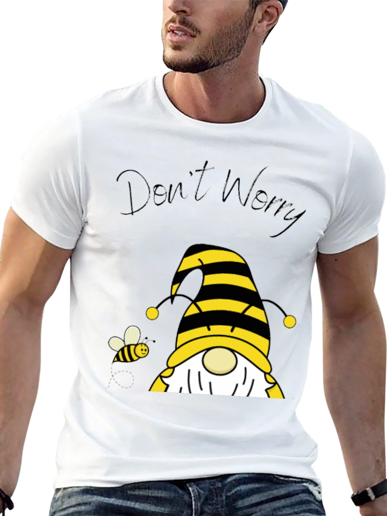 Black Don't Worry Bee Happy Gnome T-Shirt view 13