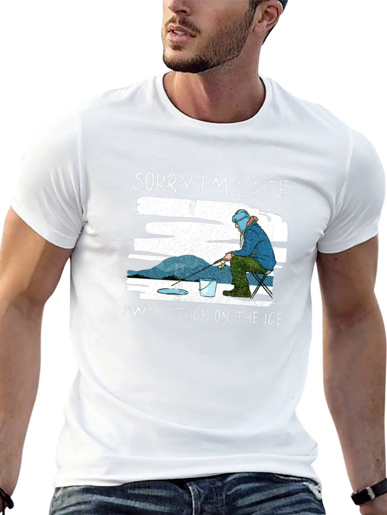 Black Sorry I'm Late Ice Fishing T-Shirt view 13