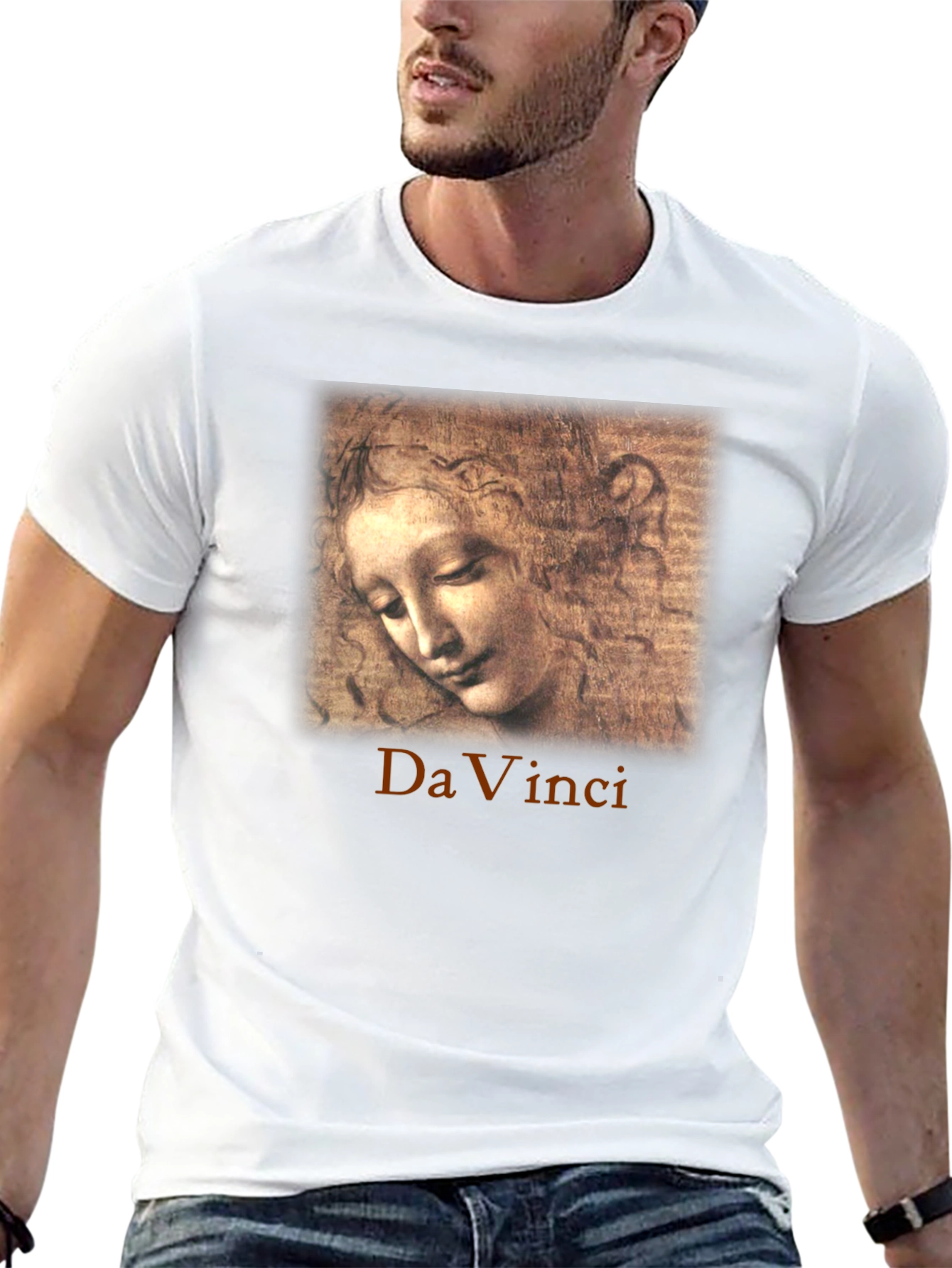 Black Da Vinci Sketch Portrait Graphic T-Shirt view 13
