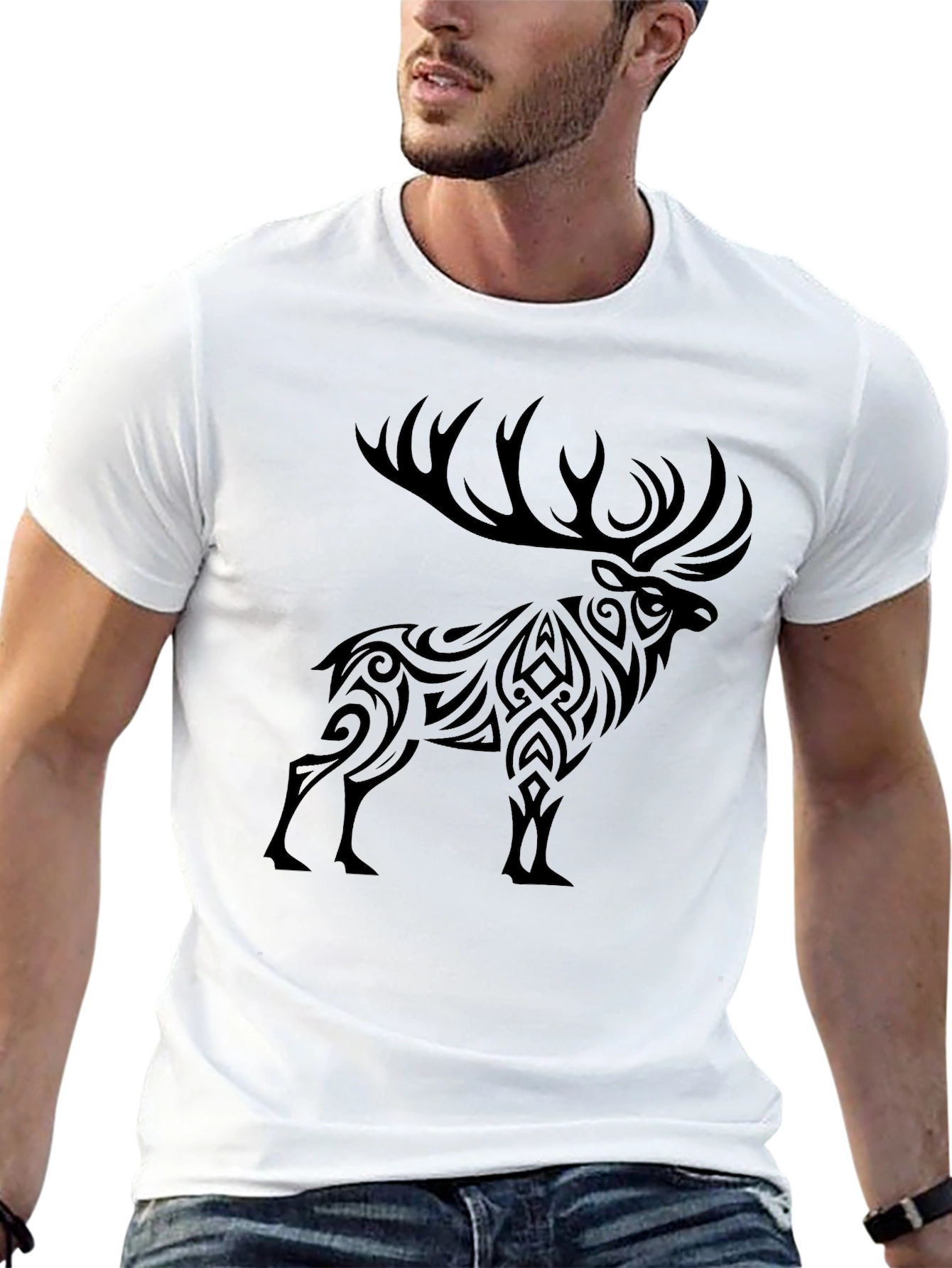 Black Tribal Elk Graphic Print T-Shirt view 13
