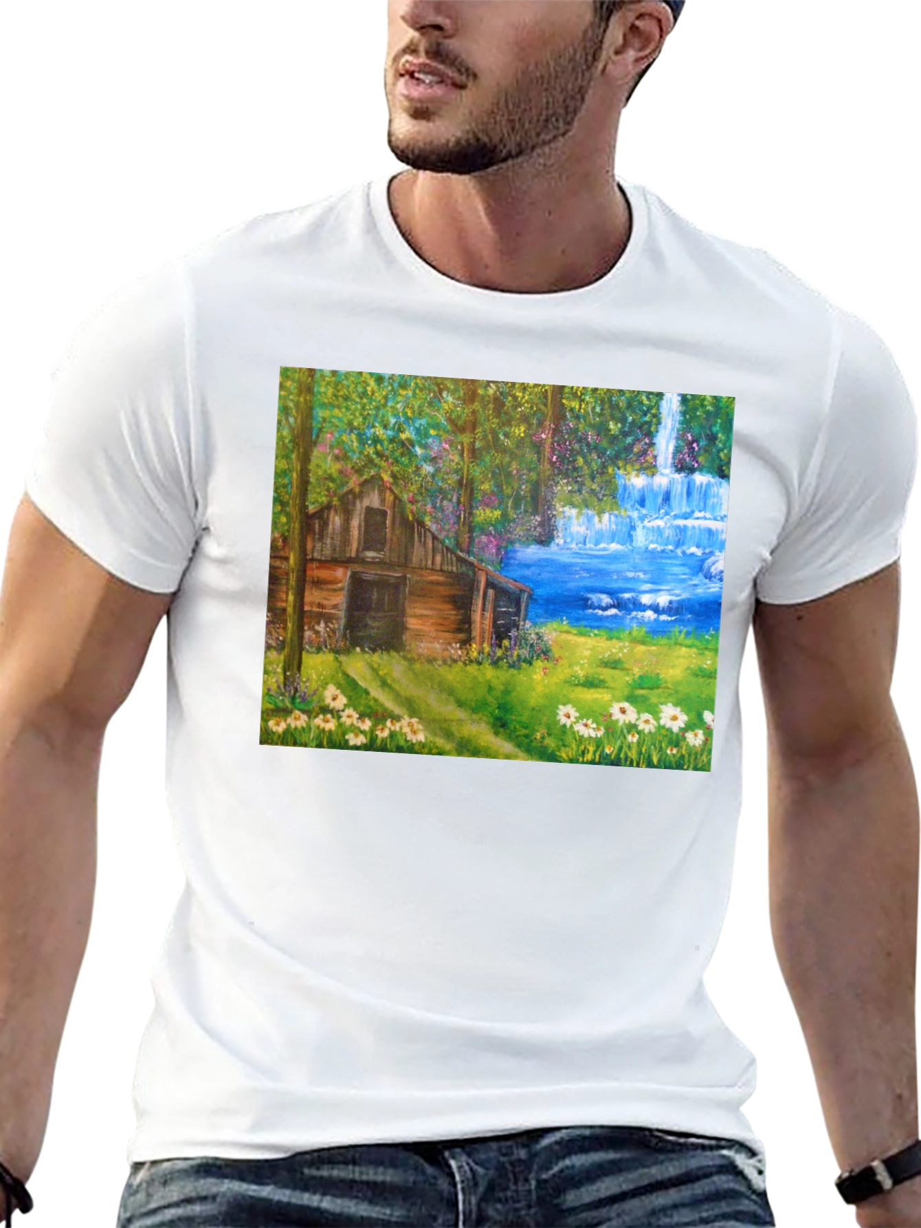 Black Cabin Waterfall Nature T-Shirt view 13