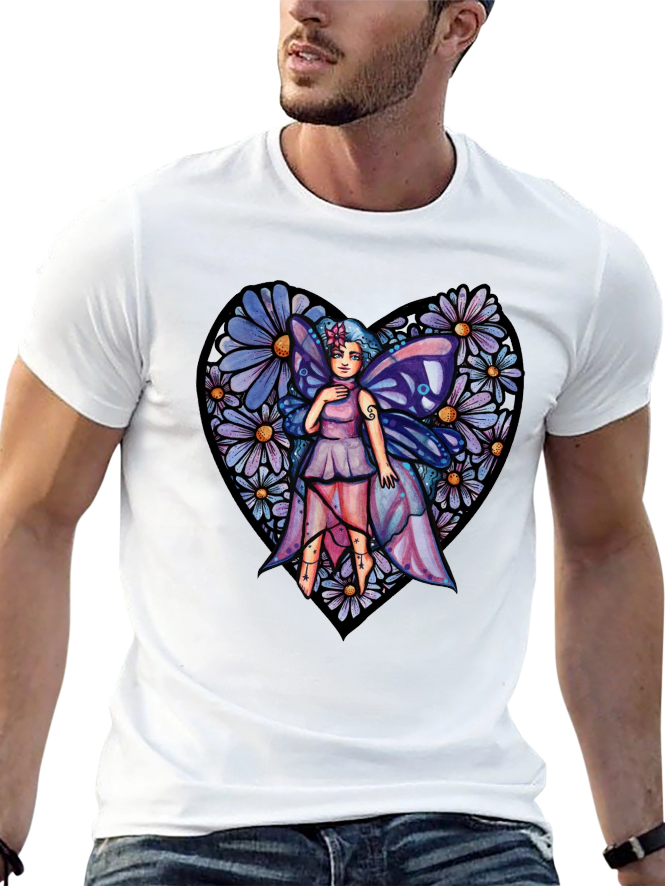 Black Fairy Heart T-Shirt, Floral Graphic Tee, Unique Design view 13