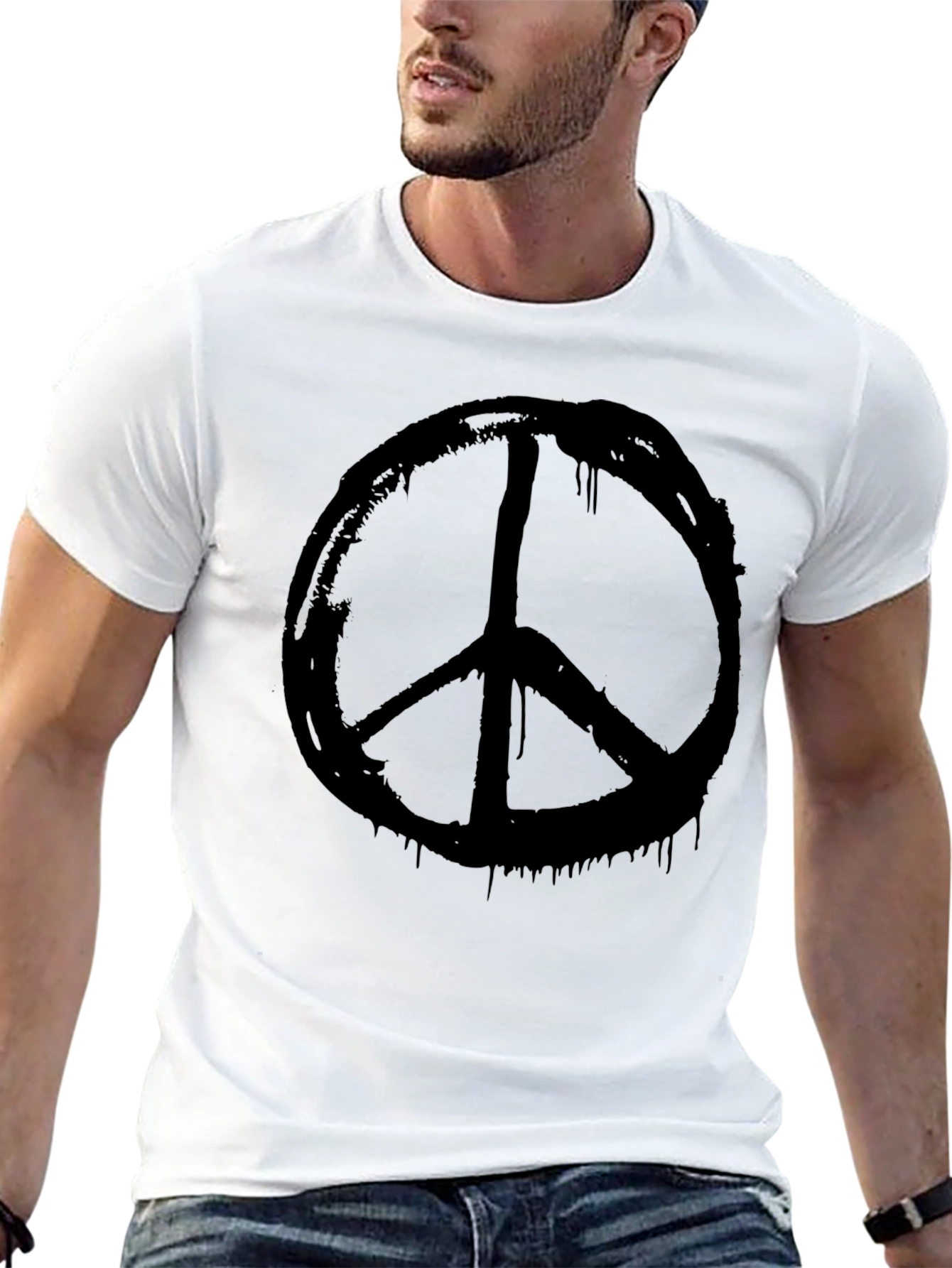 Black Peace Sign Graphic Tee - Black Cotton Casual Wear view 13