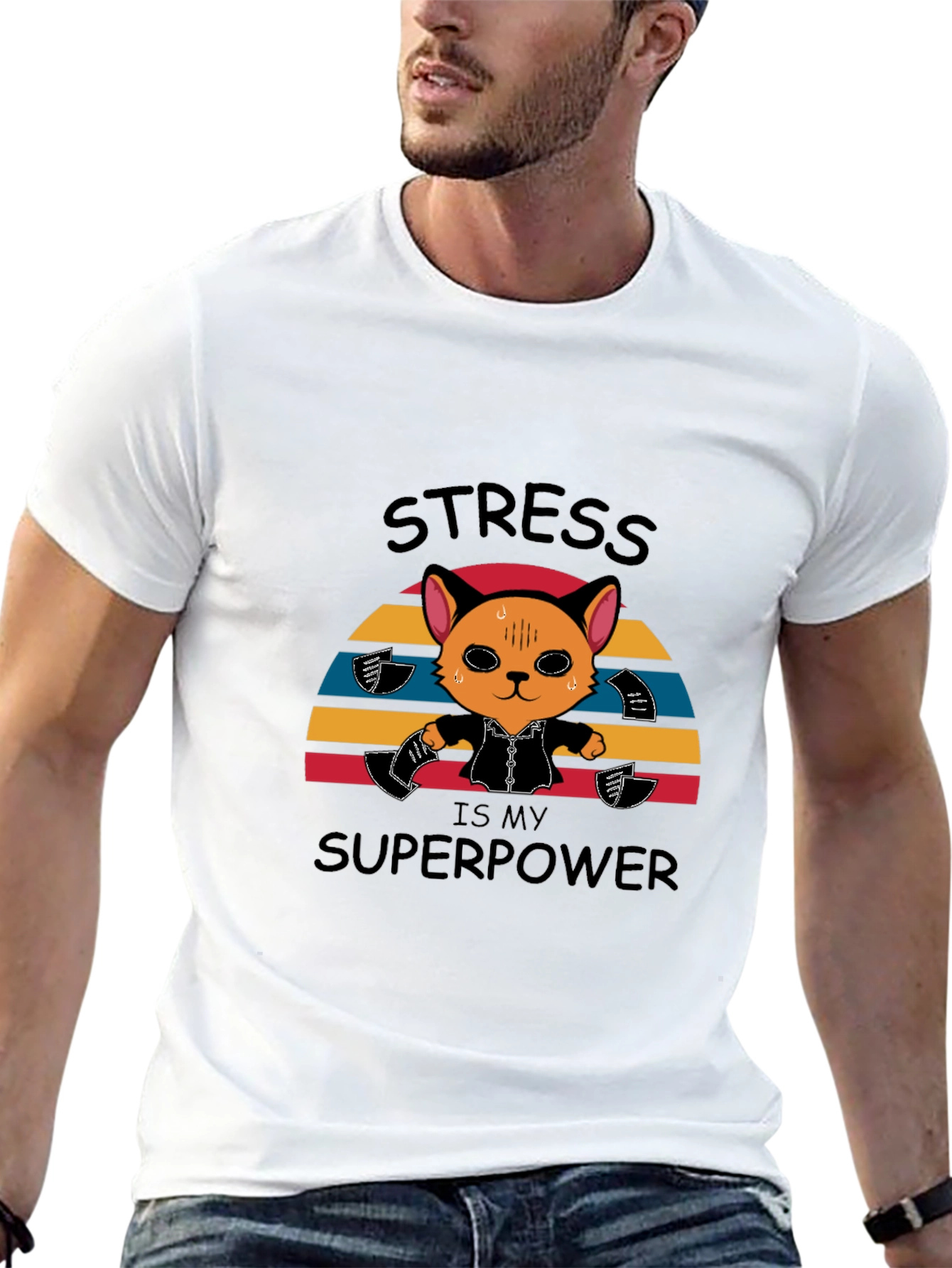 Black Stress is My Superpower Funny Cat T-Shirt view 13