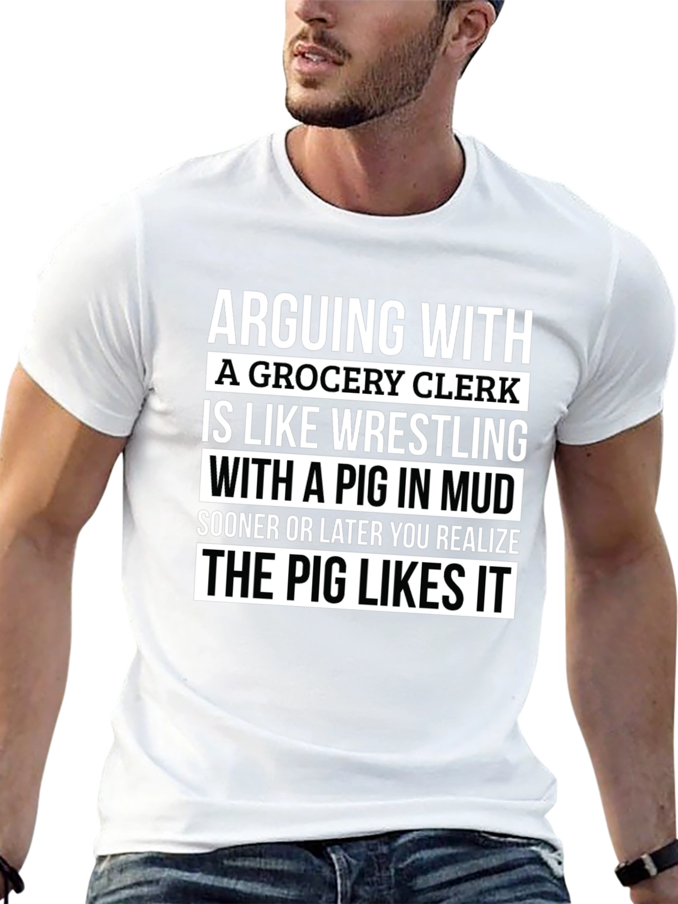 Black Grocery Clerk Pig Mud Wrestling T-Shirt view 13