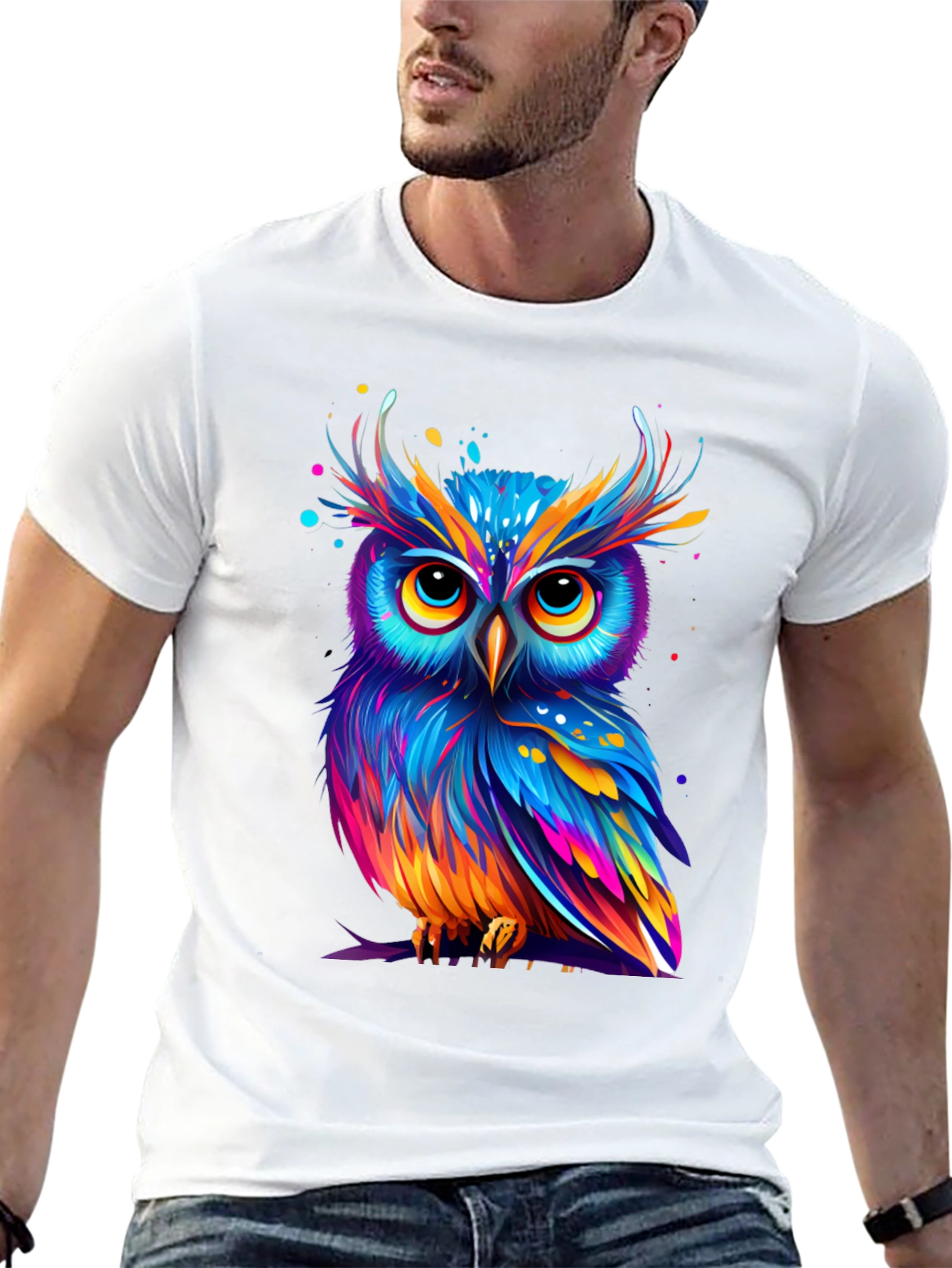Black Colorful Owl Graphic Tee - Unique Art T-Shirt view 13