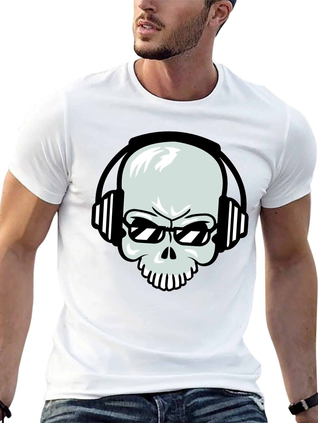 Black Skull with Headphones Graphic Tee - Black Cotton T-Shirt view 13