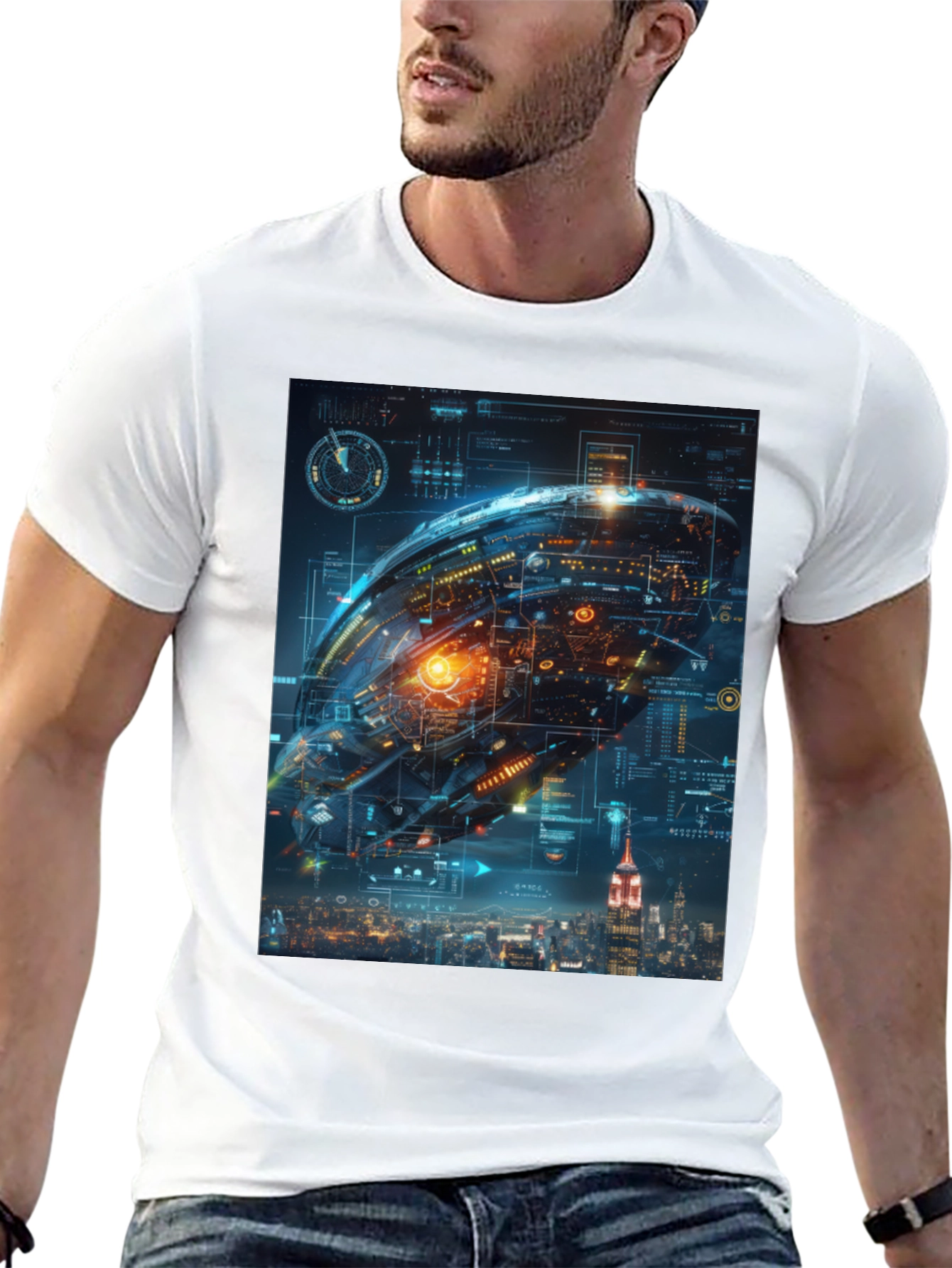 Black Sci-Fi Spaceship Over New York T-Shirt view 13