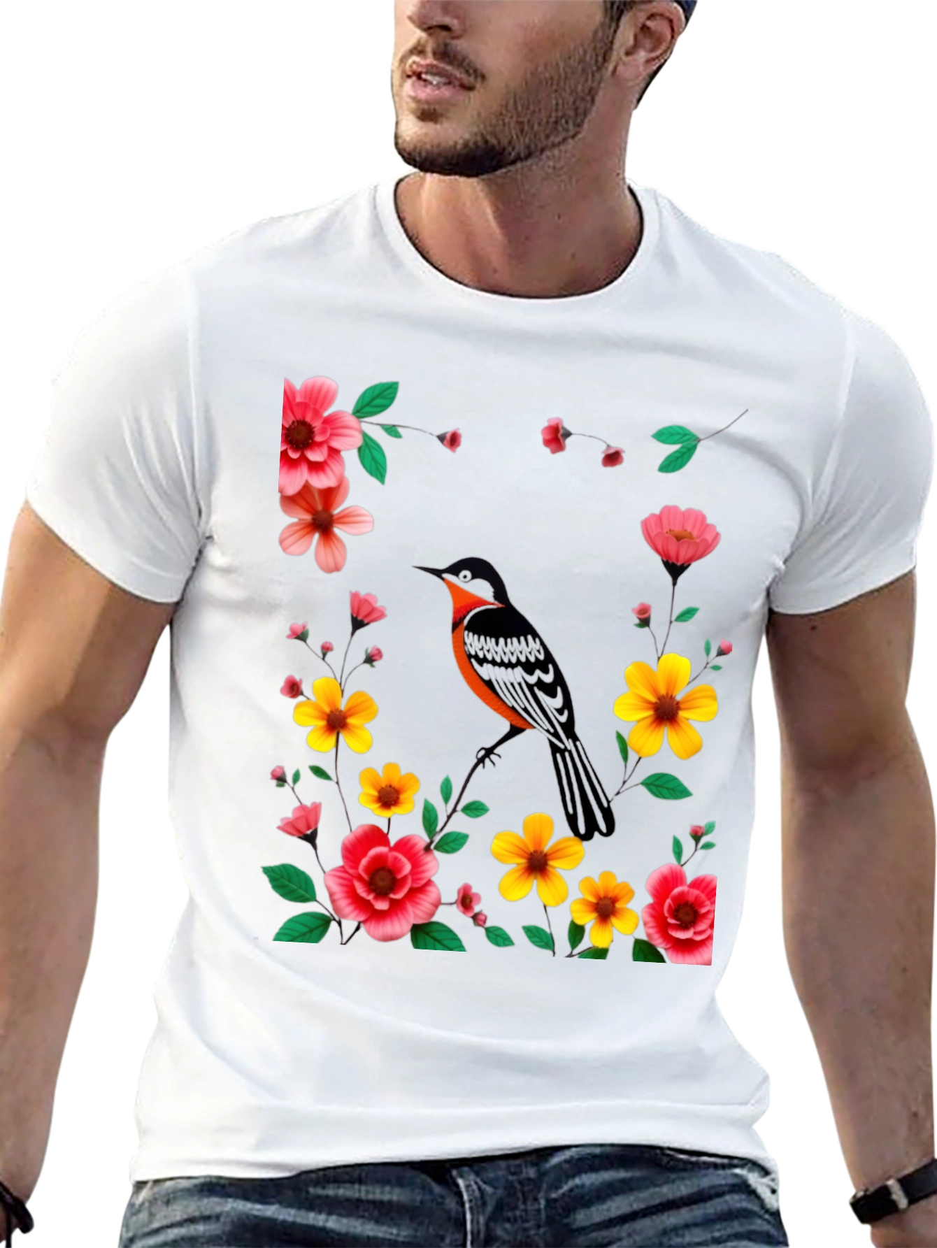 Black Floral Bird Graphic Tee - Stylish Men's Black T-Shirt view 13