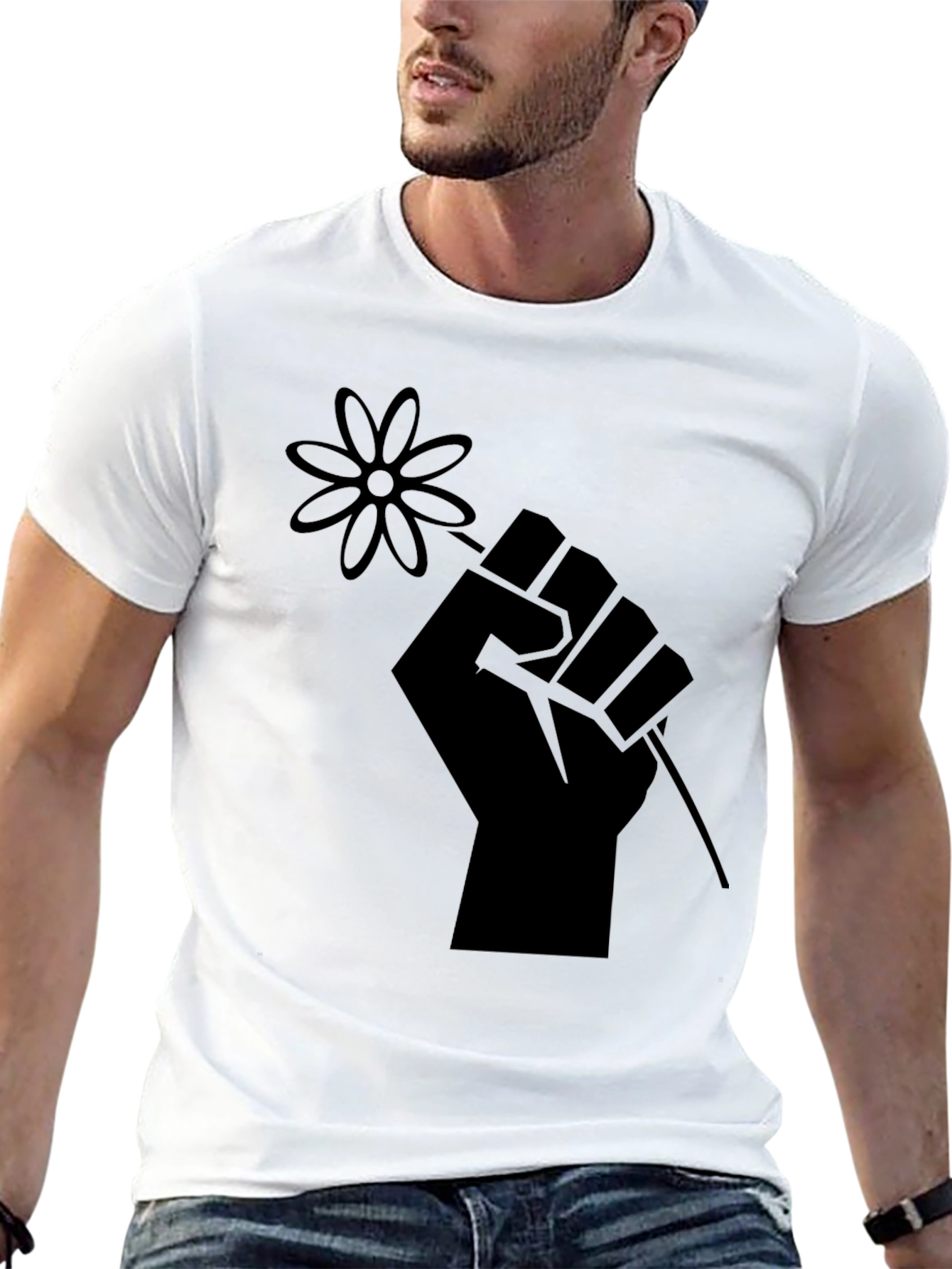 Black Black T-Shirt with Raised Fist & Flower Graphic view 13