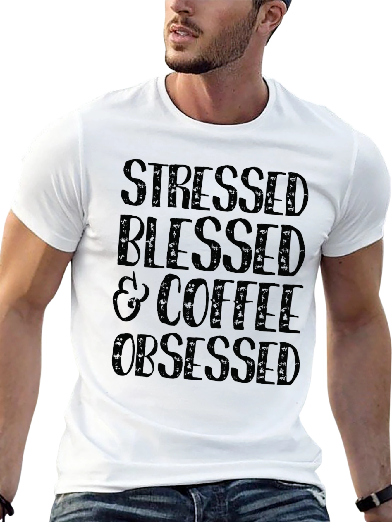 Black Stressed Blessed Coffee Obsessed Black T-Shirt view 13