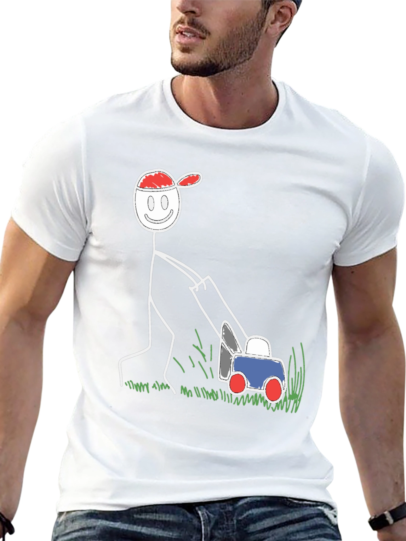 Black Funny Stick Figure Lawn Mower Graphic Tee view 13