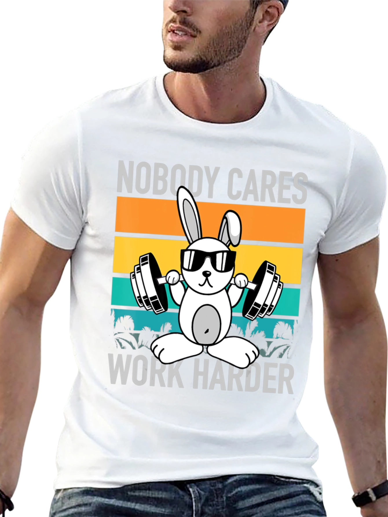 Black Funny Workout Bunny T-Shirt - Nobody Cares, Work Harder view 13